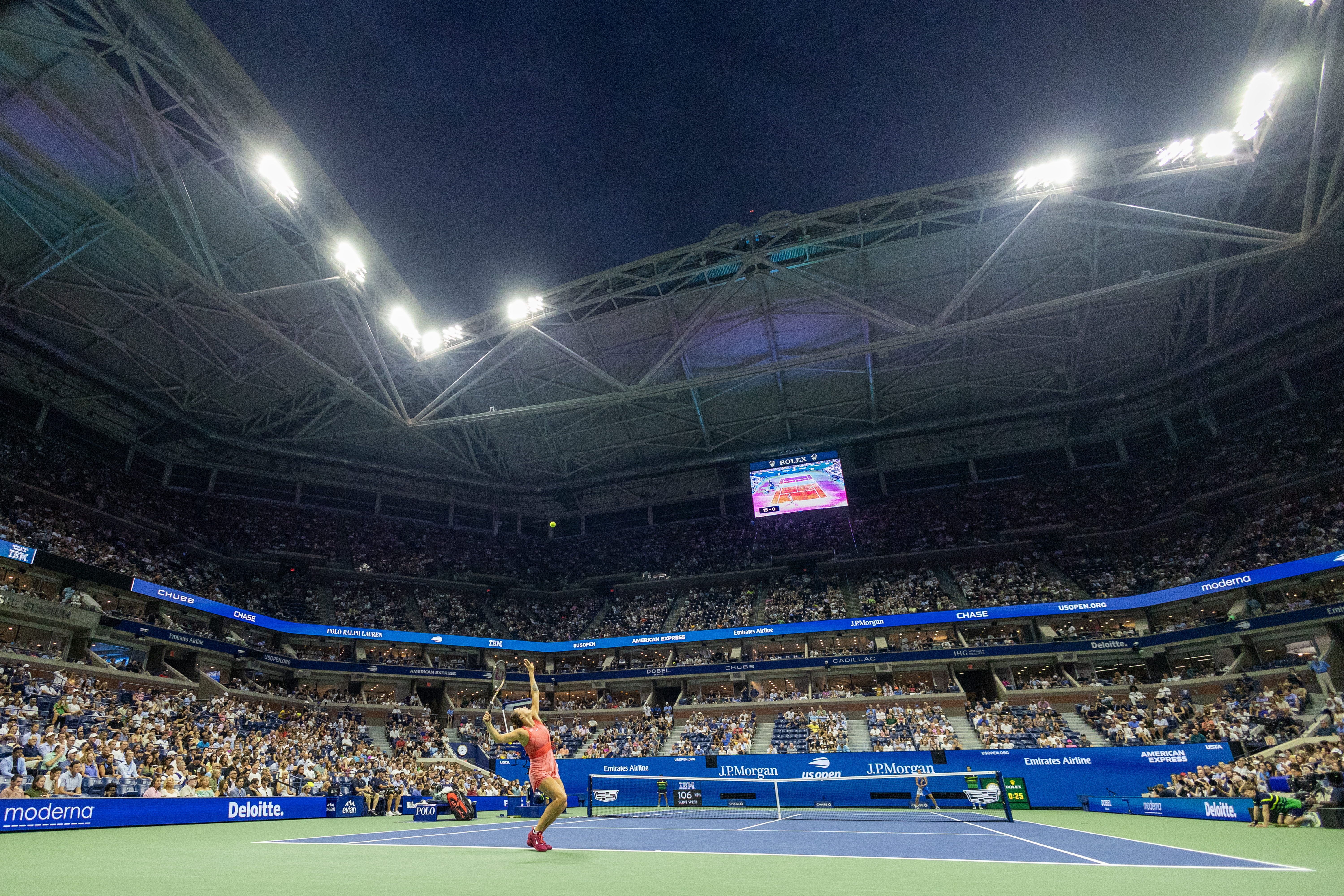 A general view of Aryna Sabalenka of Belarus serving against Daria Kasatkina of Russia in the Women’s Singles round four match on Arthur Ashe Stadium during the US Open Tennis Championship 2023 at the USTA National Tennis Centre on September 4th, 2023 in Flushing, Queens, New York City.