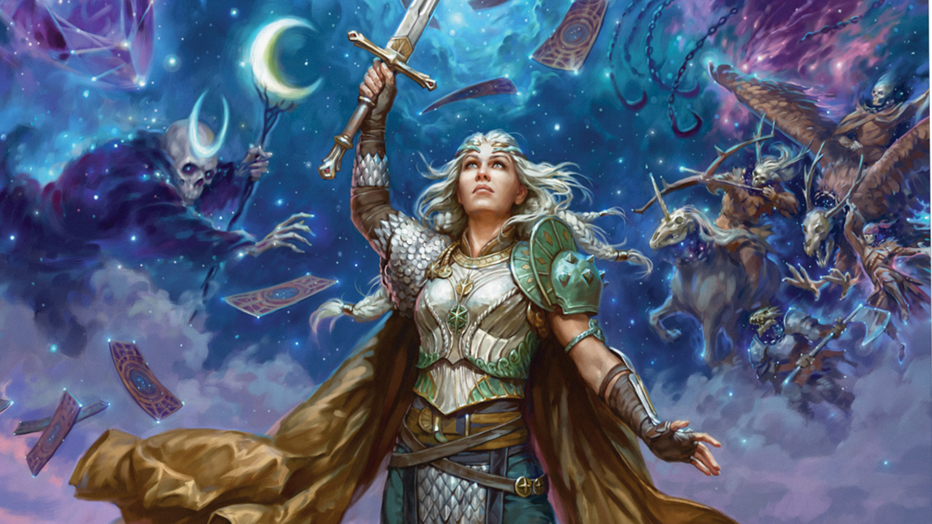 Cover art for The Book of Many Things, which comes bundled inside The Deck of Many Things — a boxed set of cards from Wizards of the Coast, made for Dungeons & Dragons. It shows a female-presenting person in metal armor holding a sword aloft. The heavens open around them, with spectral horses and demonic entities reaching toward their sword.