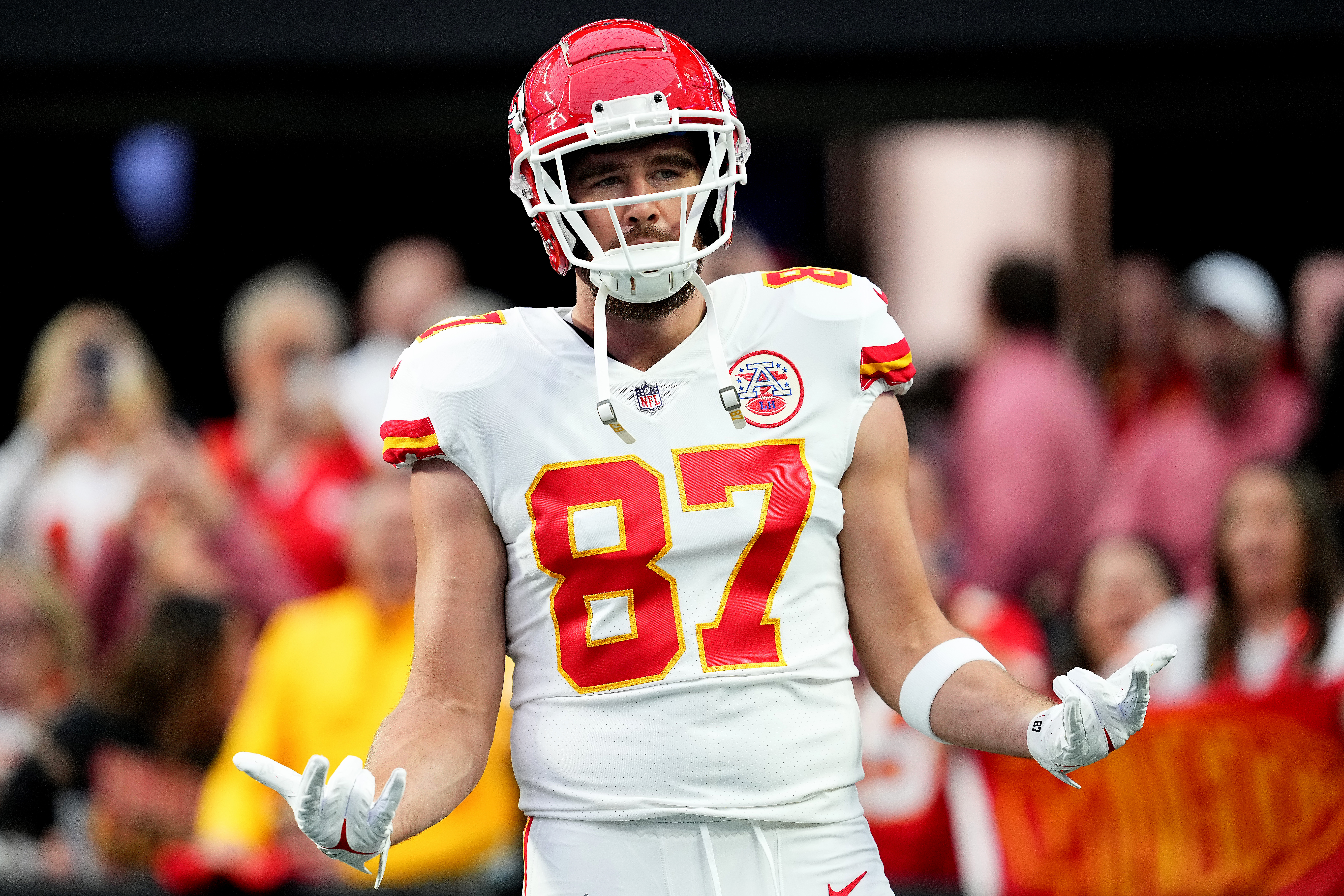 Travis Kelce #87 of the Kansas City Chiefs warms up prior to a game against the Las Vegas Raiders at Allegiant Stadium on January 07, 2023 in Las Vegas, Nevada.
