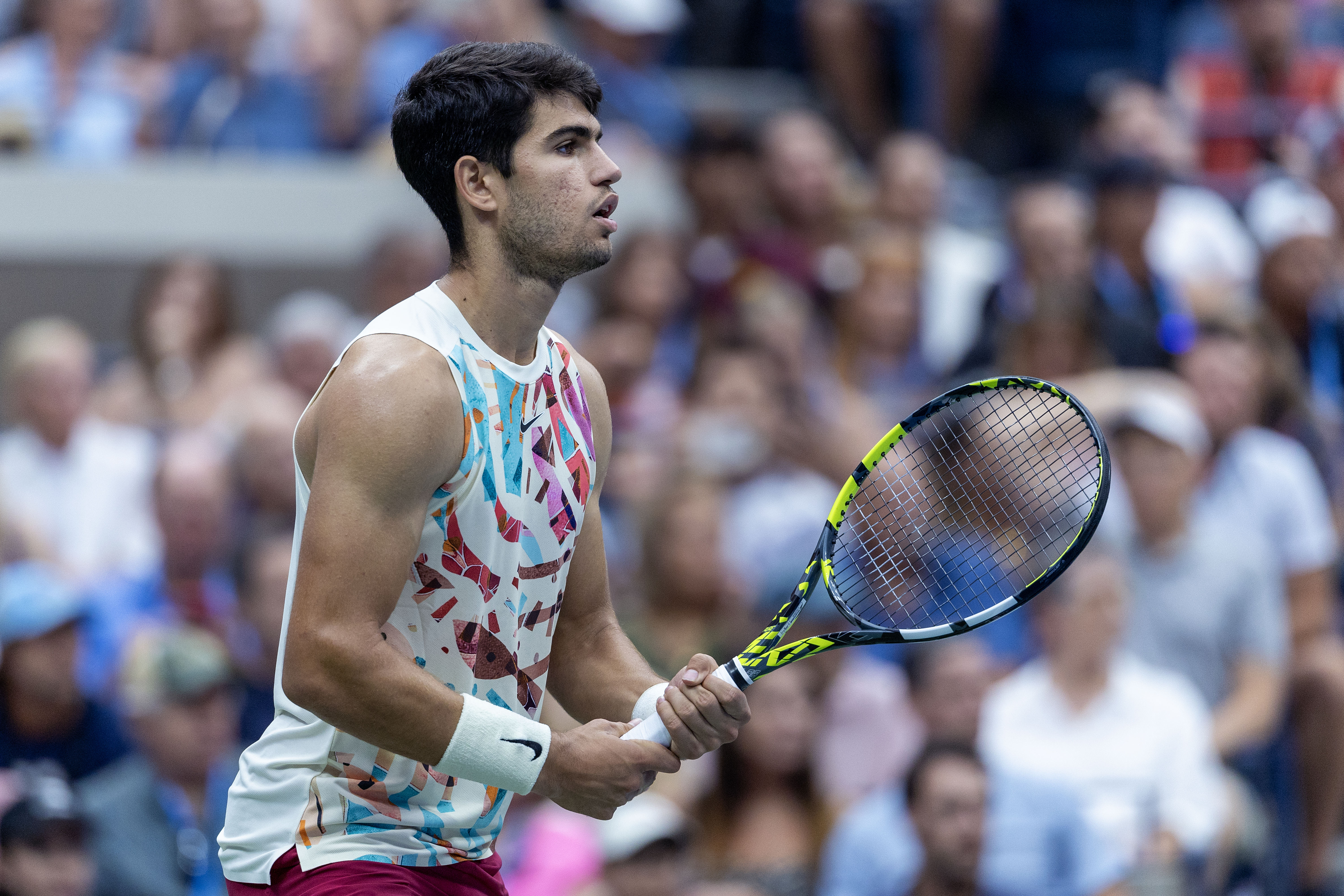Carlos Alcaraz of Spain during his match against Matteo Arnaldi of Italy in the Men’s Singles round four match on Arthur Ashe Stadium during the US Open Tennis Championship 2023 at the USTA National Tennis Centre on September 4th, 2023 in Flushing, Queens, New York City.