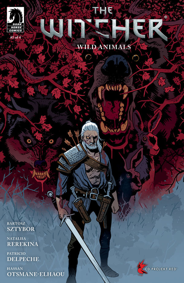 Geralt of Rivia on the cover of The Witcher: Wild Animals comic. Behind him are tree branches and snarling, bloody-mouthed wolves.