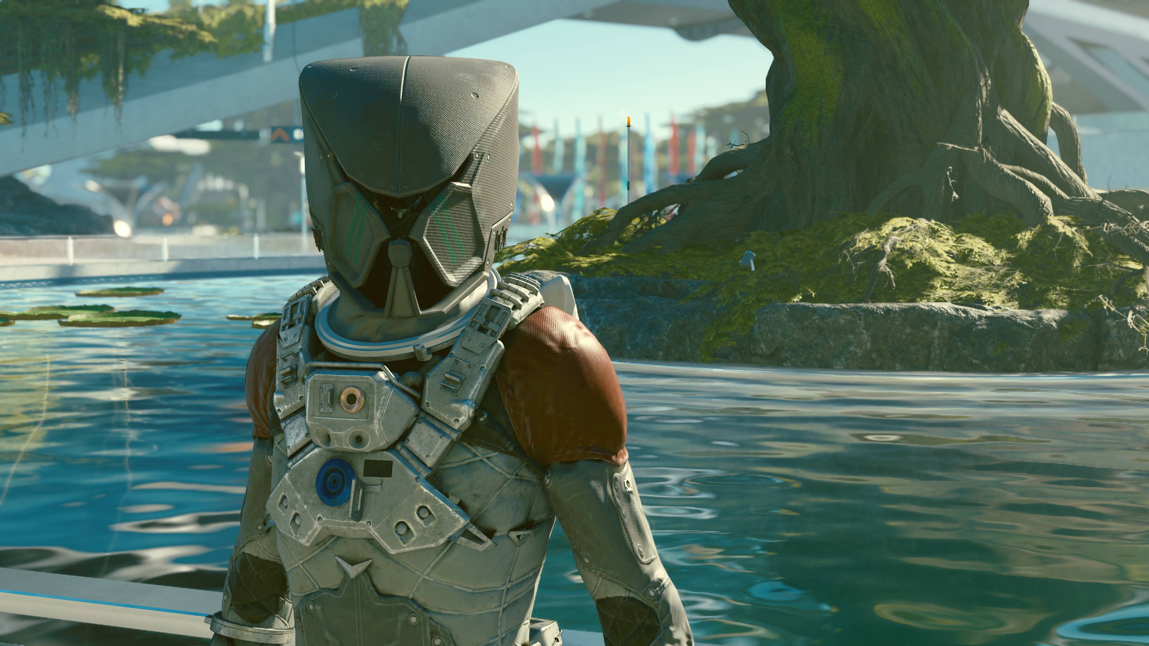 Image: A Sarah Morgan clone wearing the Mantis helmet stands near a pond in New Atlantis in Starfield.