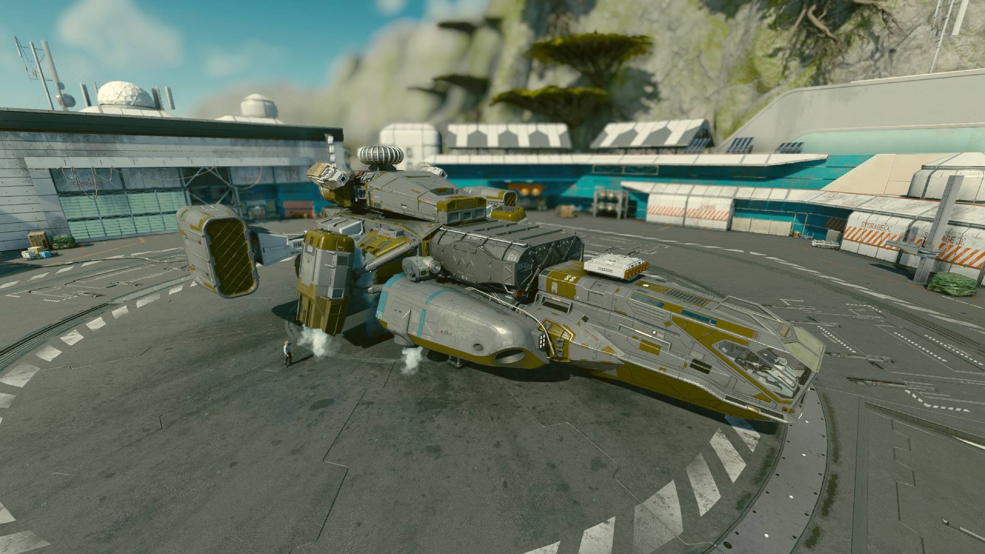 The Narwhal sits parked at the spaceport in New Atlantis so Starfield citizens can admire one of the best ships.