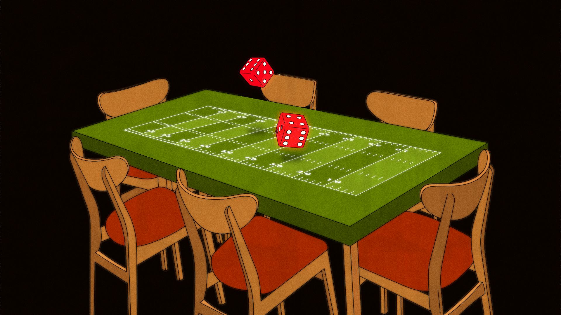 Empty chairs surround a table with a football field on its top. Two oversized red dice are being rolled in the middle. The background is starkly black.