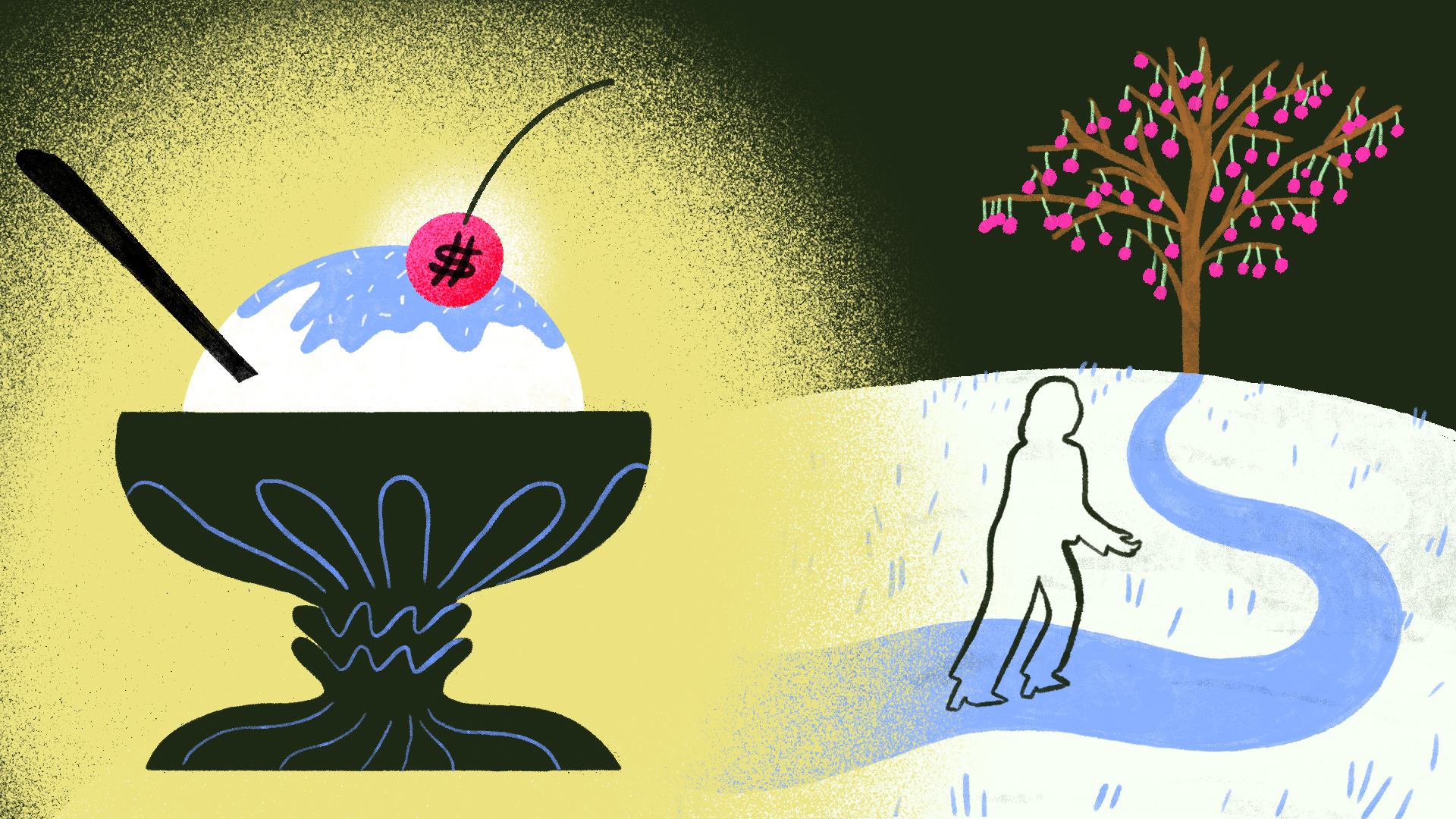 A woman is walking away from a sundae with a cherry on top in the direction of a cherry tree on a hill.