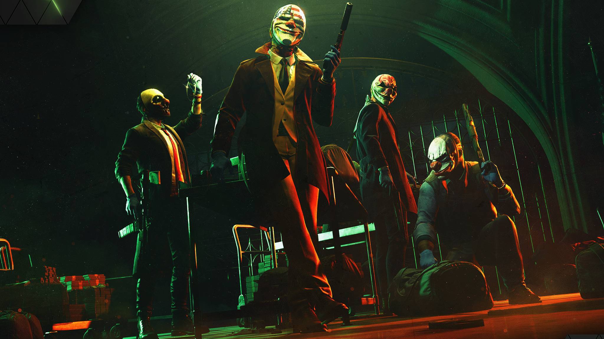 Four heisters from Payday 3 standing in a vault