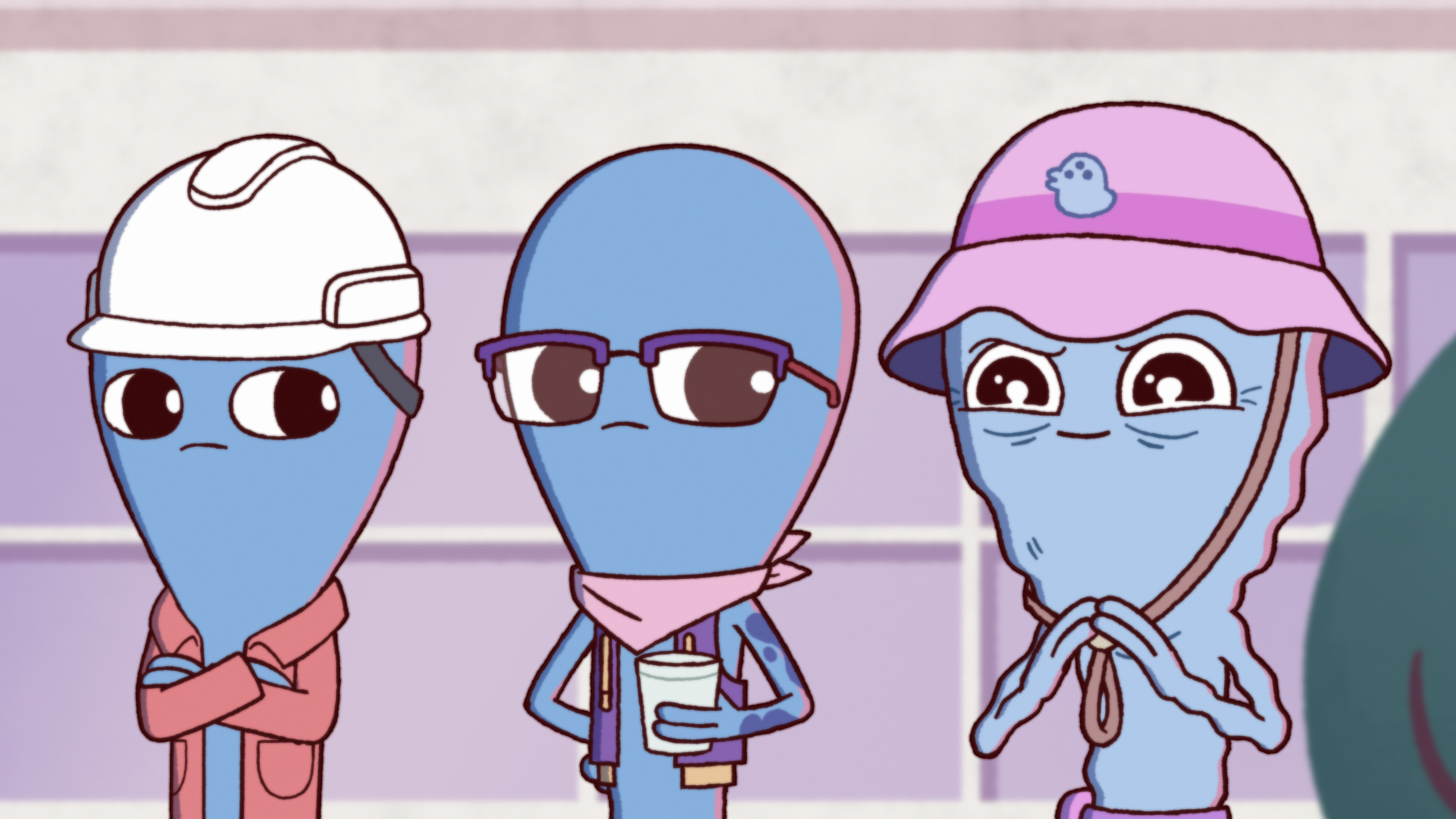 A group of three blue aliens waiting in line. The one in the back looks incredibly excited, and the two in front of him are side-eying him.