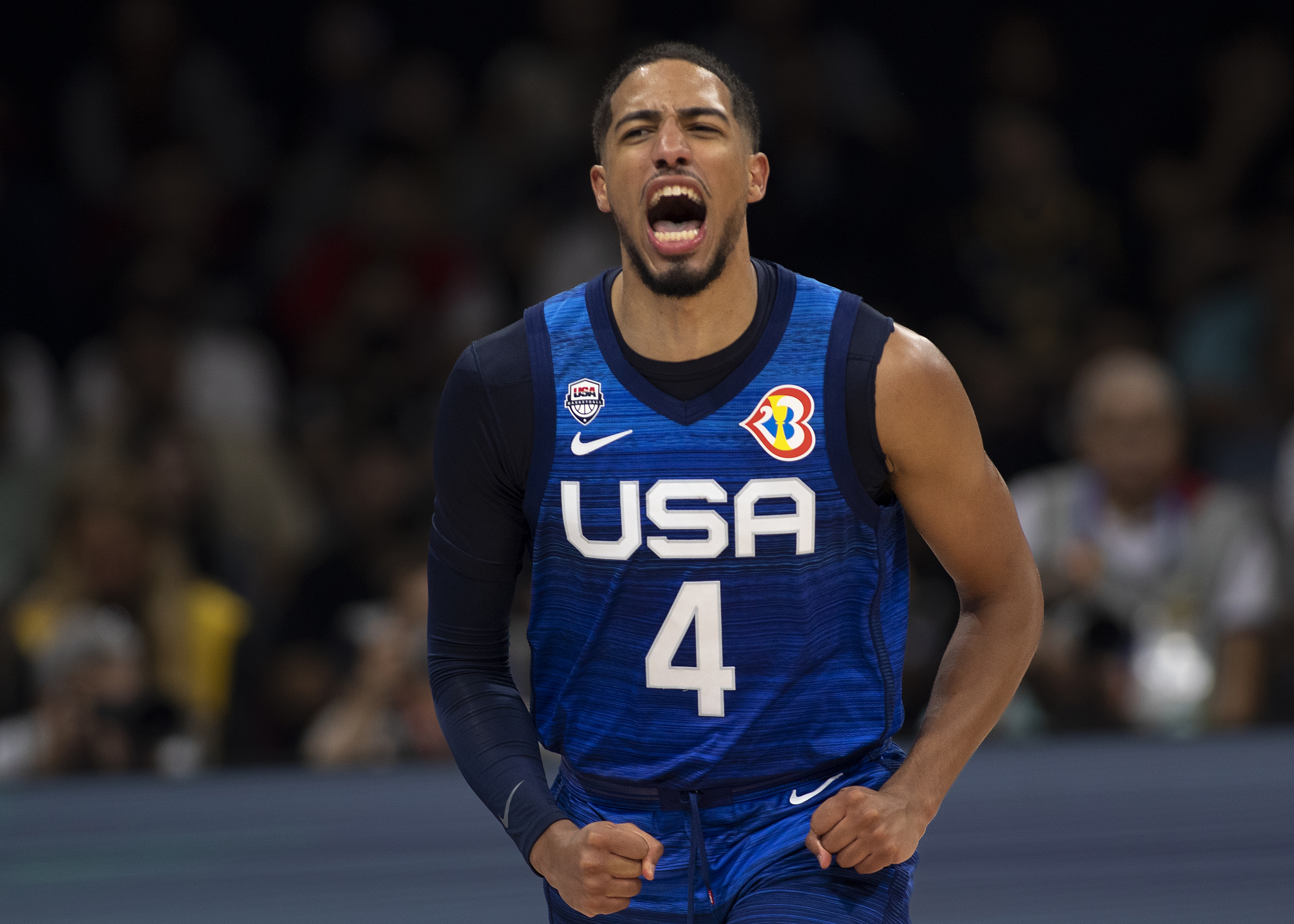 MANILA, PHILIPPINES - SEPTEMBER 5: Tyrese Haliburton of U.S. celebrates during the FIBA Basketball World Cup quarter-final game between Italy and U.S. at Mall of Asia Arena on September 5, 2023 in Manila, Philippines.