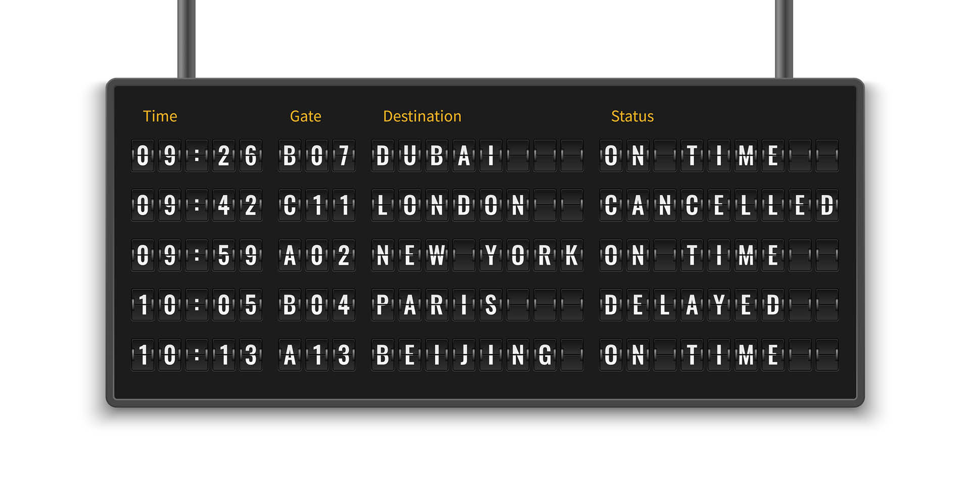 A photo illustration shows an airport info panel displaying departures for flights, one of which is delayed, one is canceled, and three are on time.