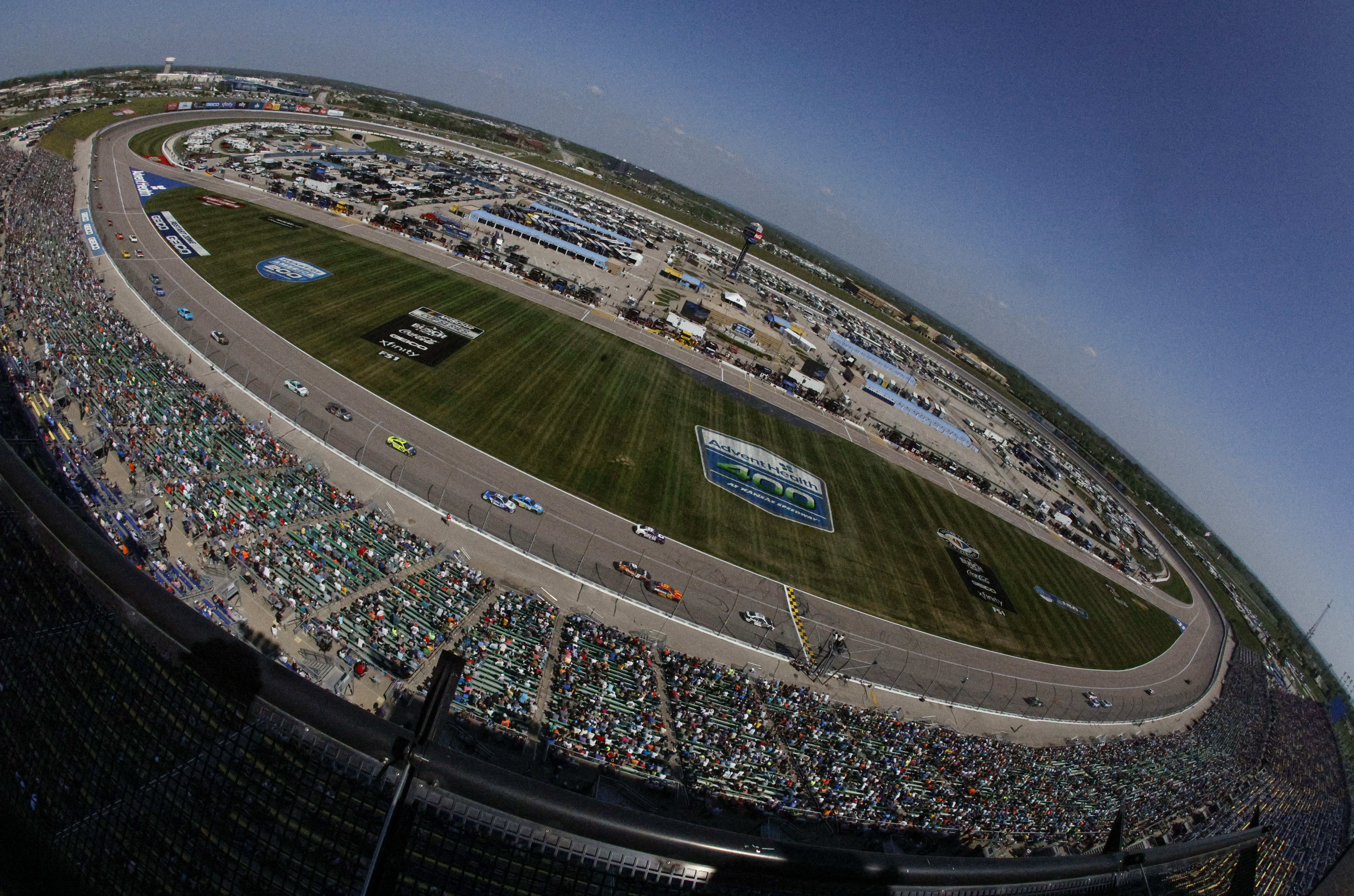 A general view of racing during the NASCAR Cup Series Advent Health 400 at Kansas Speedway on May 07, 2023 in Kansas City, Kansas.
