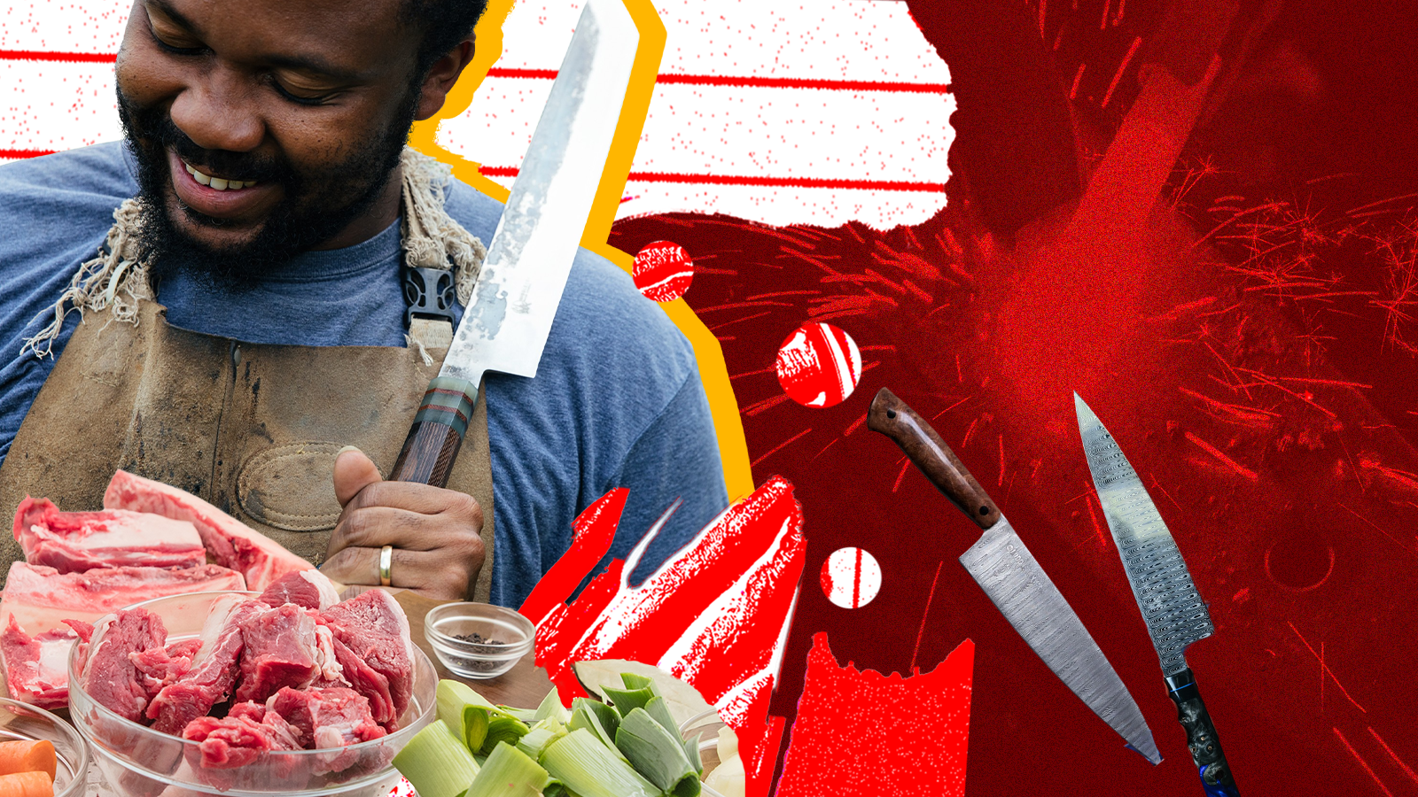 A portrait of a Black man holding a knife, collaged with raw ingredients.