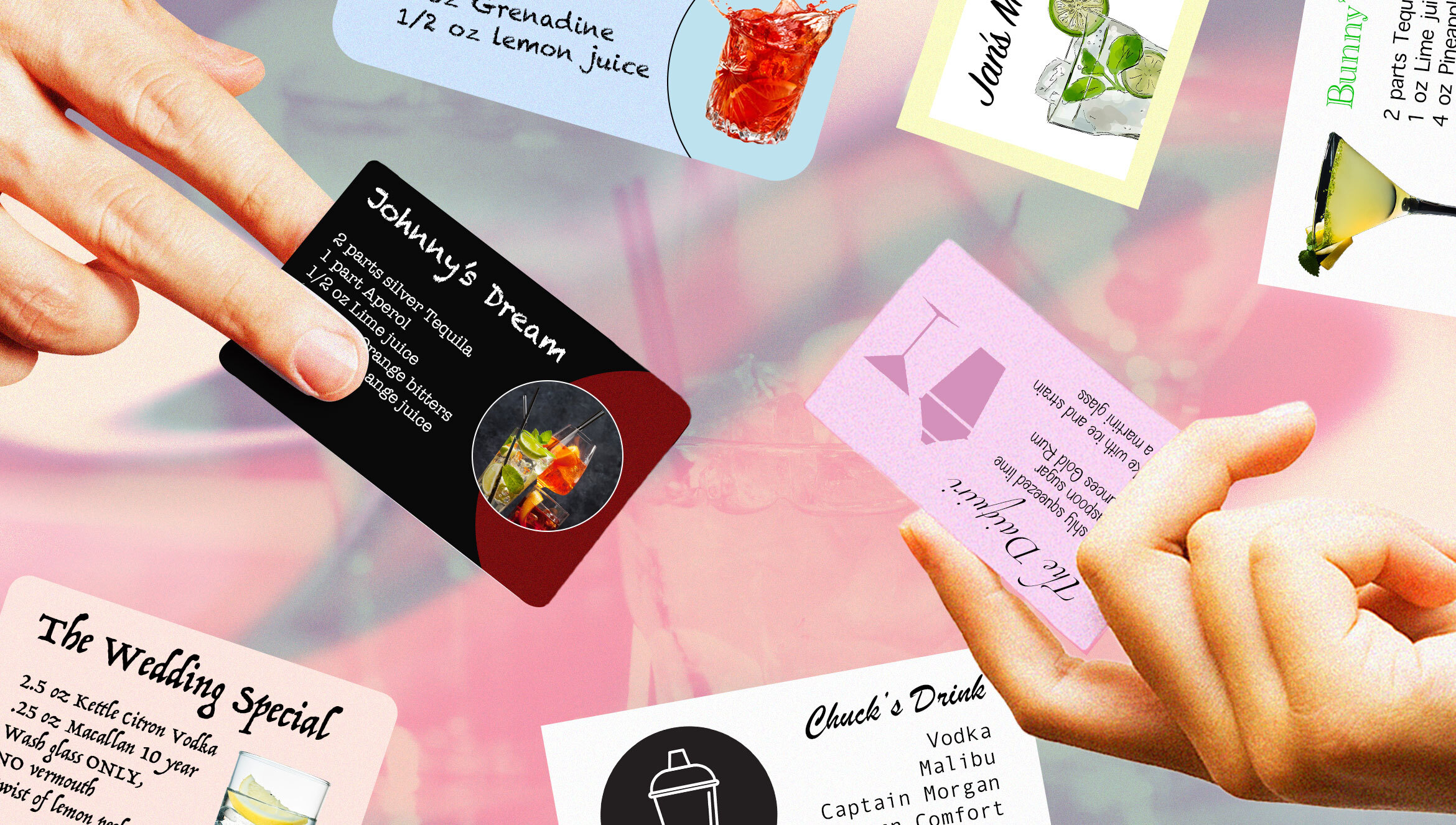 An array of business cards printed with cocktail recipes