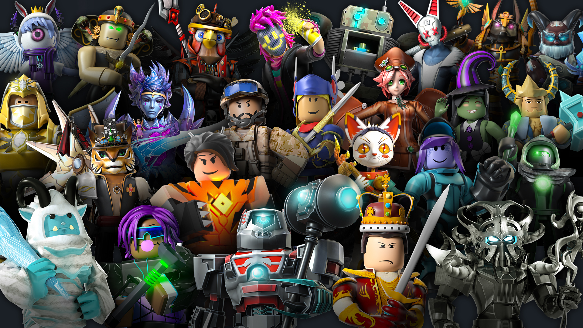 A large number of colorful Roblox avatars on a black background