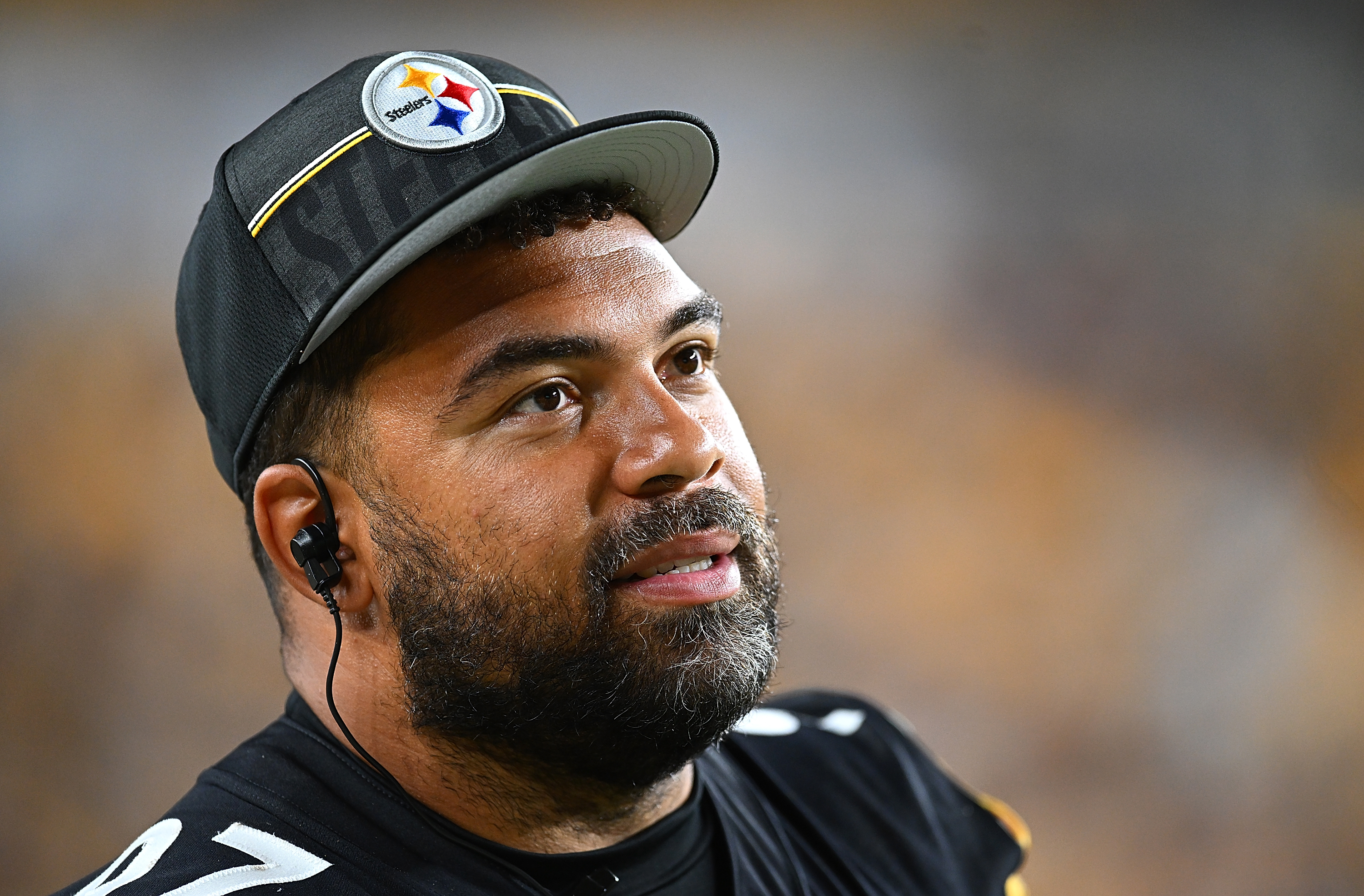 Cameron Heyward #97 of the Pittsburgh Steelers looks on during the fourth quarter of a preseason game against the Buffalo Bills at Acrisure Stadium on August 19, 2023 in Pittsburgh, Pennsylvania.