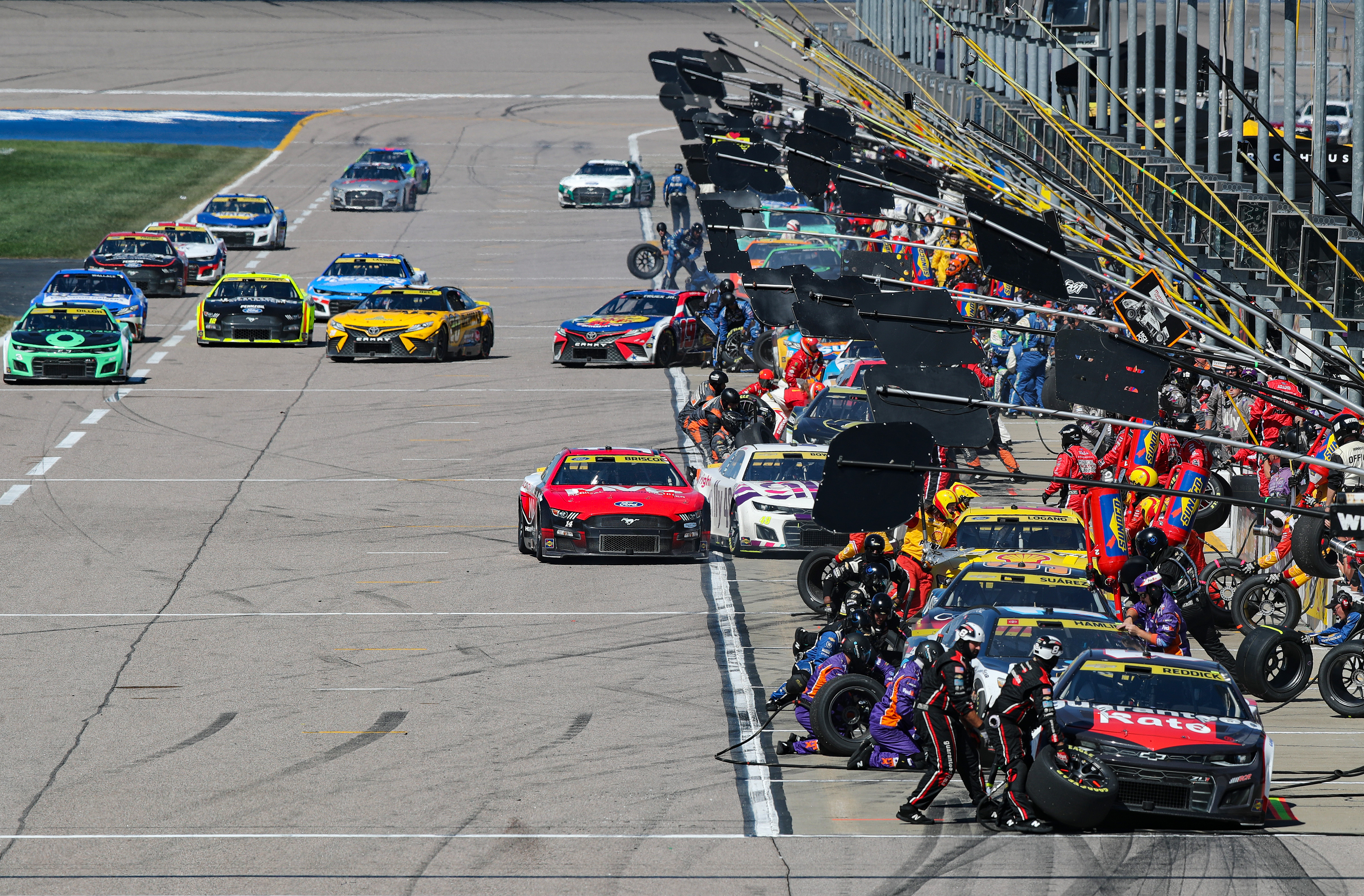 A general view of pit road during the NASCAR Cup Series Hollywood Casino 400 at Kansas Speedway on September 11, 2022 in Kansas City, Kansas.