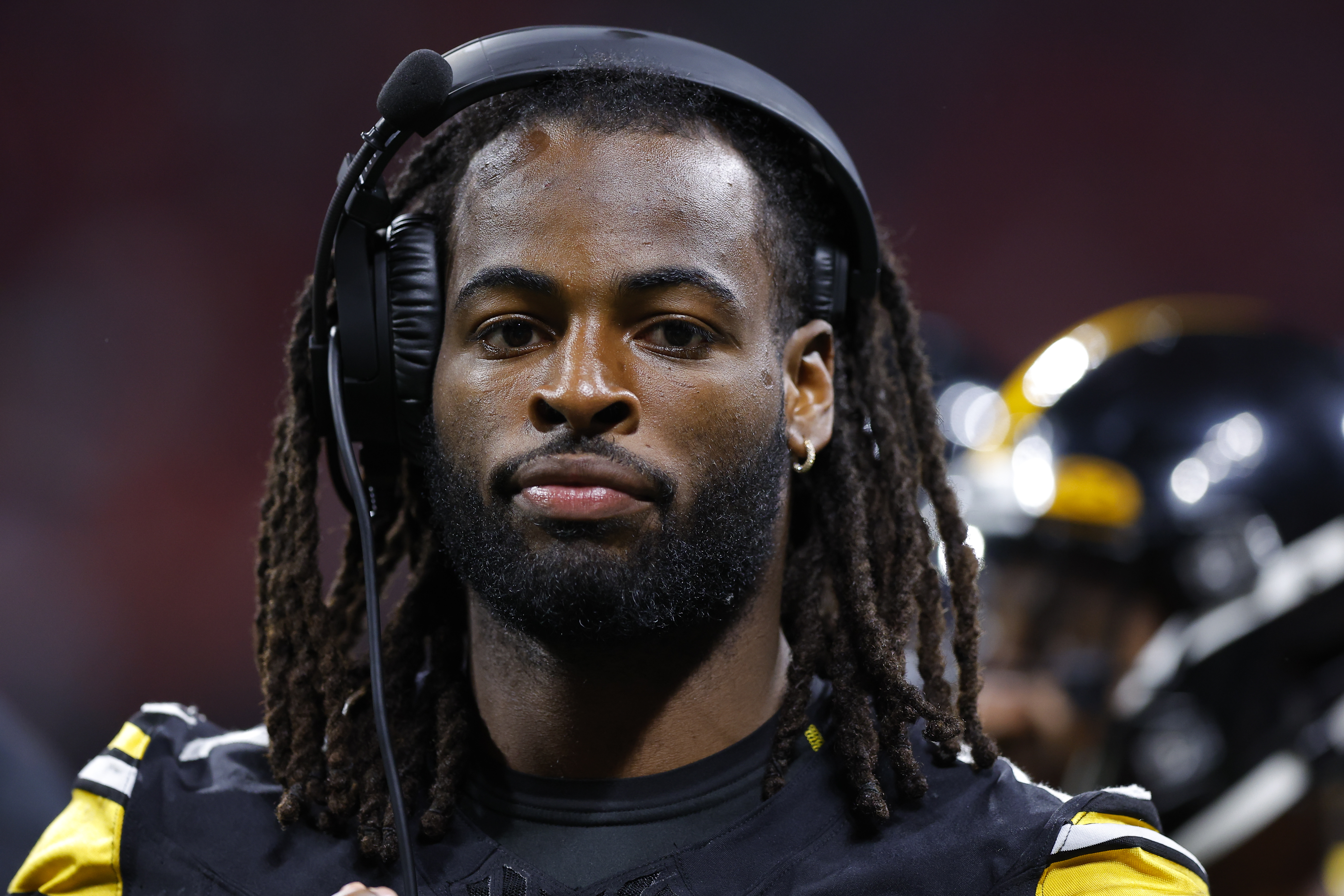 Najee Harris #22 of the Pittsburgh Steelers looks on during the second half of a preseason game against the Atlanta Falcons at Mercedes-Benz Stadium on August 24, 2023 in Atlanta, Georgia.