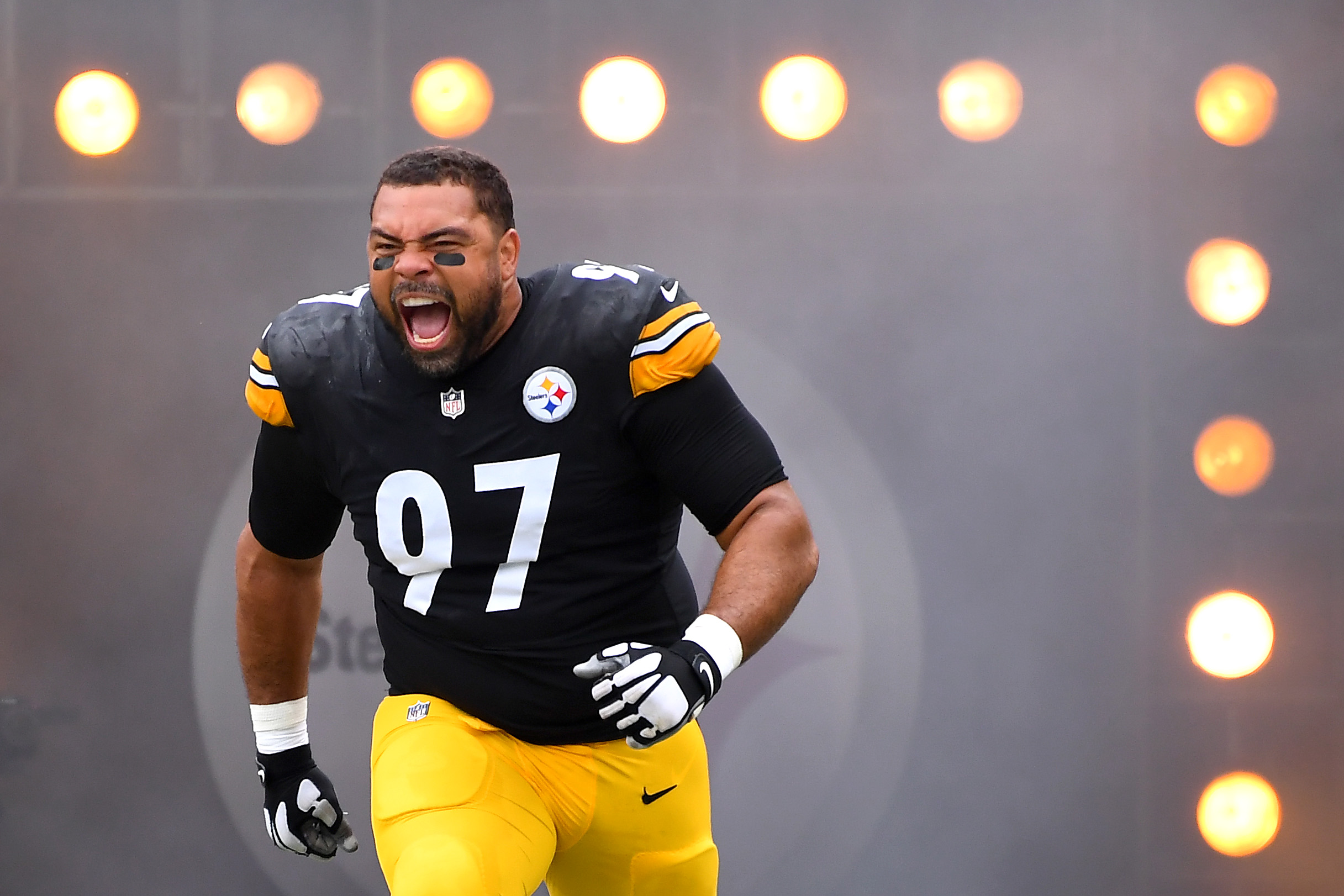 Cameron Heyward #97 of the Pittsburgh Steelers is introduced prior to a game against the San Francisco 49ers at Acrisure Stadium on September 10, 2023 in Pittsburgh, Pennsylvania.