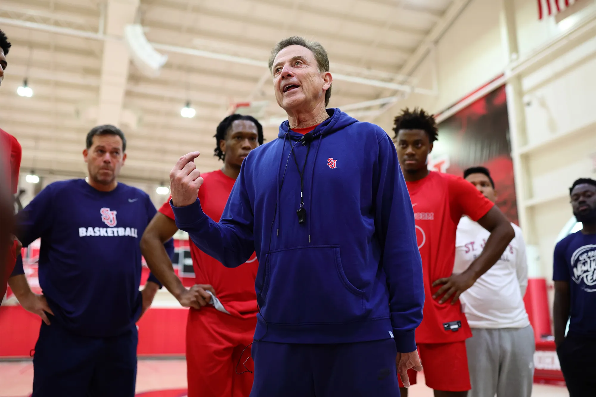 Rick Pitino coaching St. John’s basketball players during a practice in Taffner Fieldhouse