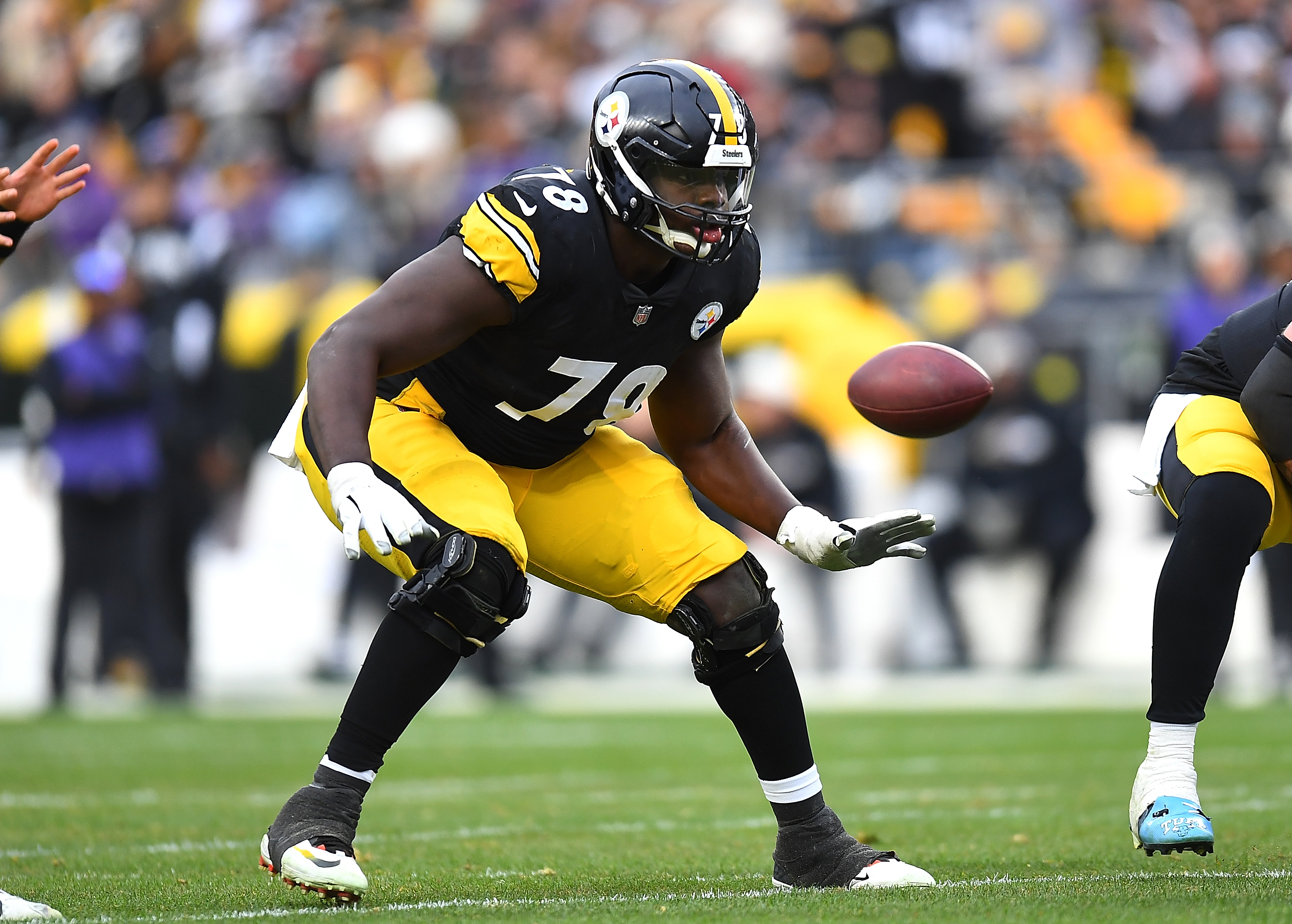James Daniels #78 of the Pittsburgh Steelers in action during the game against the Baltimore Ravens at Acrisure Stadium on December 11, 2022 in Pittsburgh, Pennsylvania.