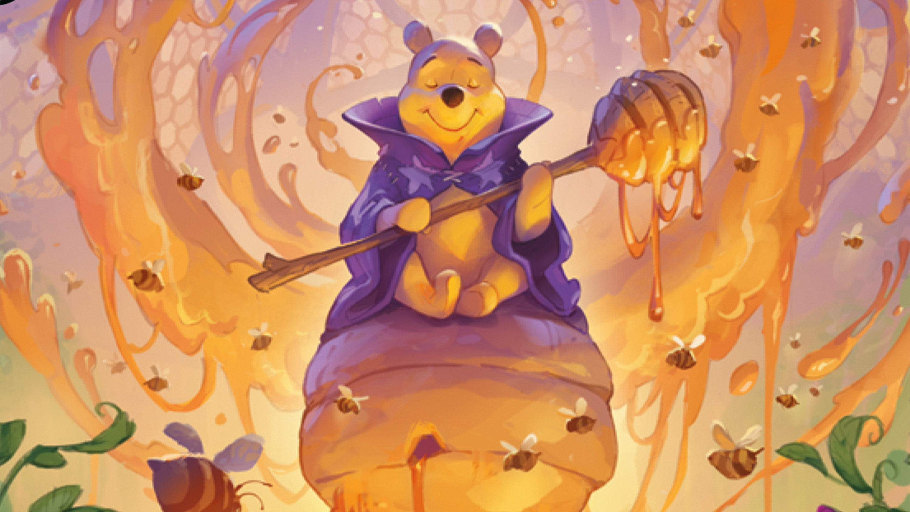 Winnie the Pooh wearing Mickey’s magician’s cape. In his hand a menacing honey ladel. A look of contentment on his solemn face as ANGRY BEES SWIRL AROUND HIS HEAD.