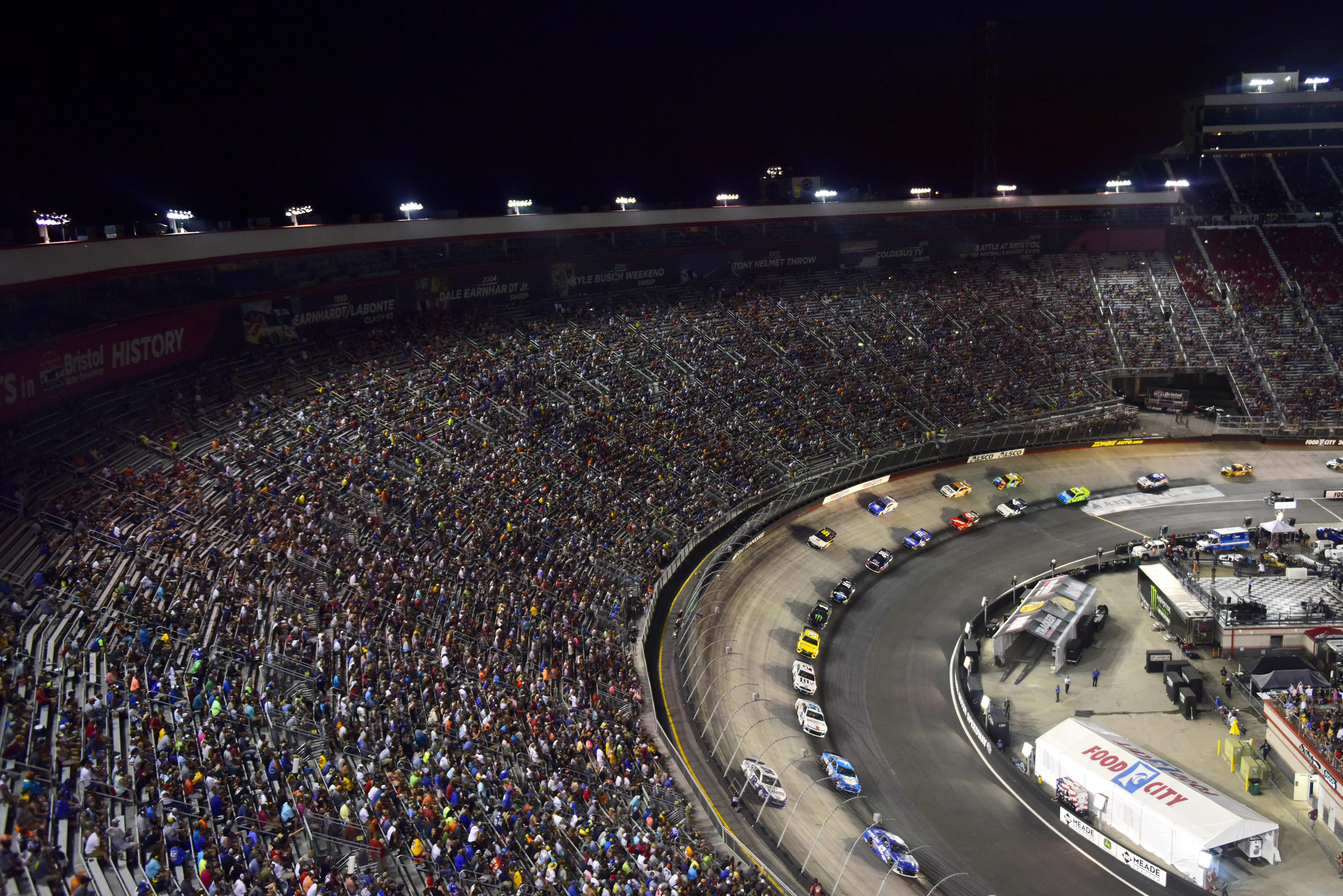 A general view of the action during the Monster Energy NASCAR Cup Series Bass Pro Shops NRA Night Race at Bristol Motor Speedway on August 17, 2019 in Bristol, Tennessee.