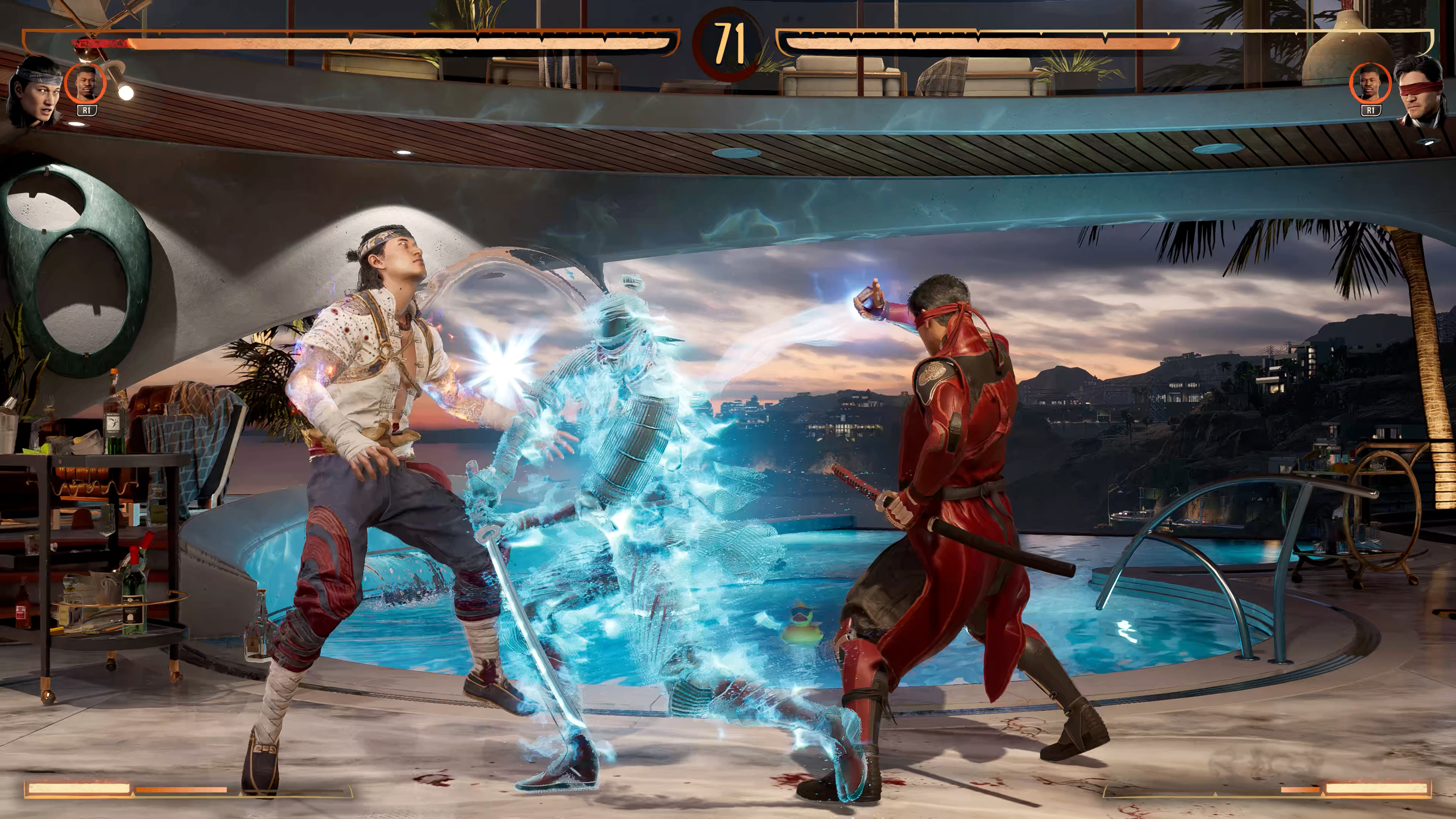 Kenshi attacks Liu Kang in Johnny Cage’s house stage in a screenshot from Mortal Kombat 1