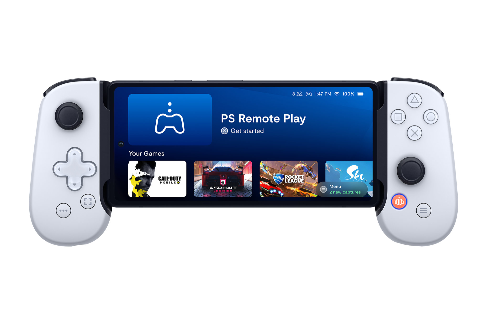 The Backbone PlayStation edition for Android. The controller is advertised spread open with a phone sitting in its middle. The phone’s screen shows a user interface that’s much like a console dashboard, filled with tiles of games and other interactive features, like videos and friends lists.