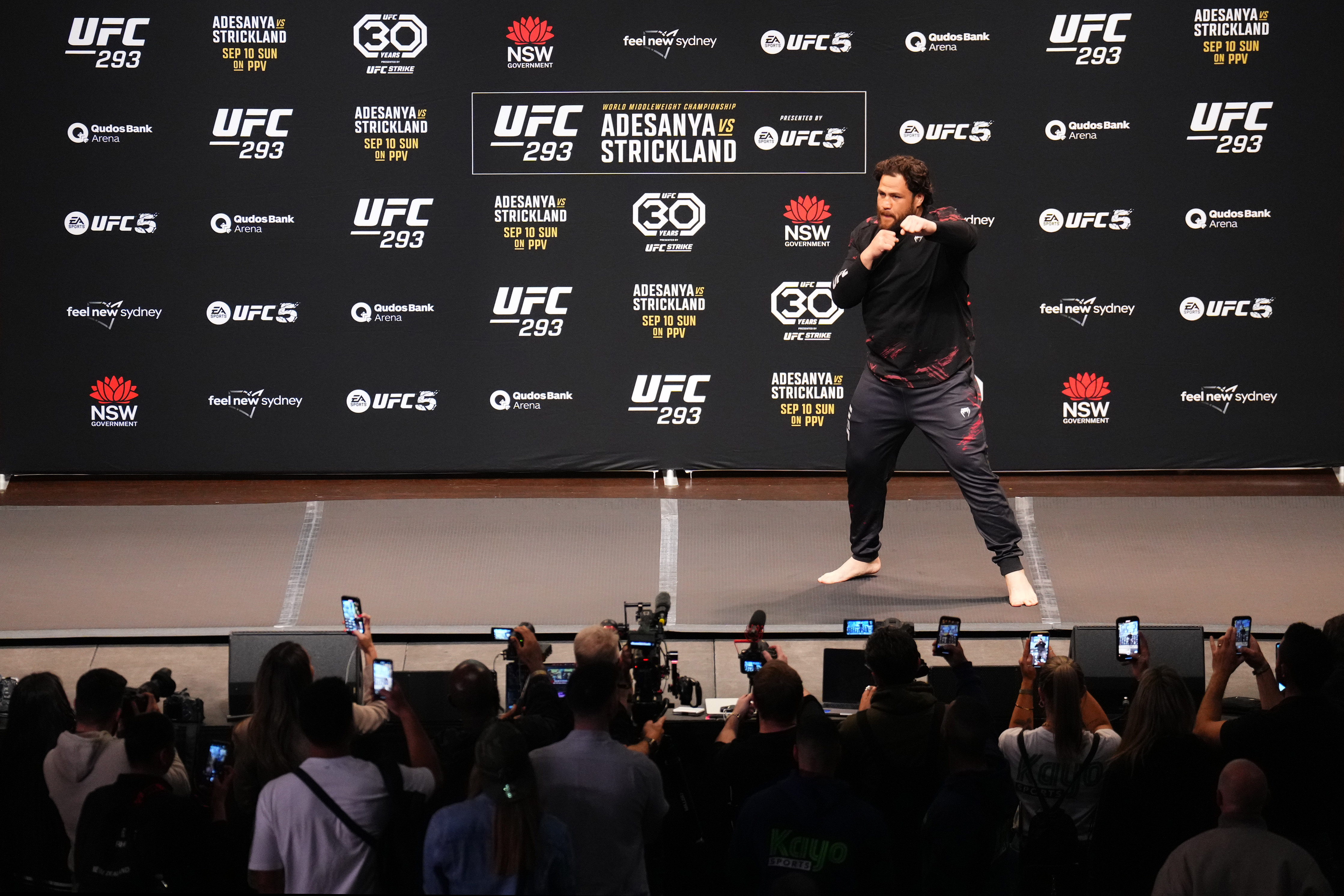 Tai Tuivasa holds an open training session for fans and media during the UFC 293 Open Workouts at Sydney Town Hall on September 06, 2023 in Sydney, Australia.