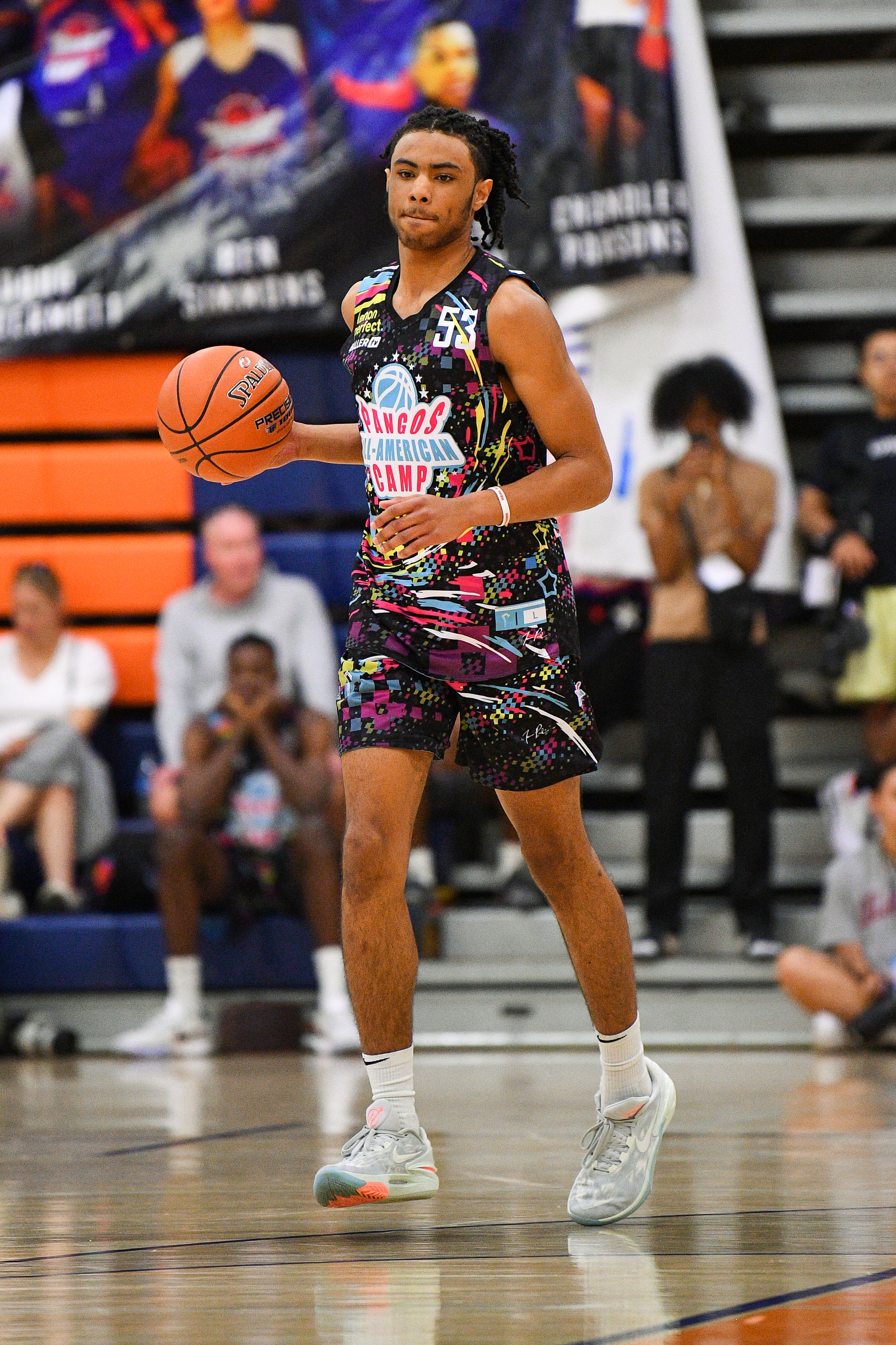 Jaiden Glover dribbles up the court during the Pangos All-American Camp on June 5, 2023 at the Bishop Gorman High School in Las Vegas, NV.