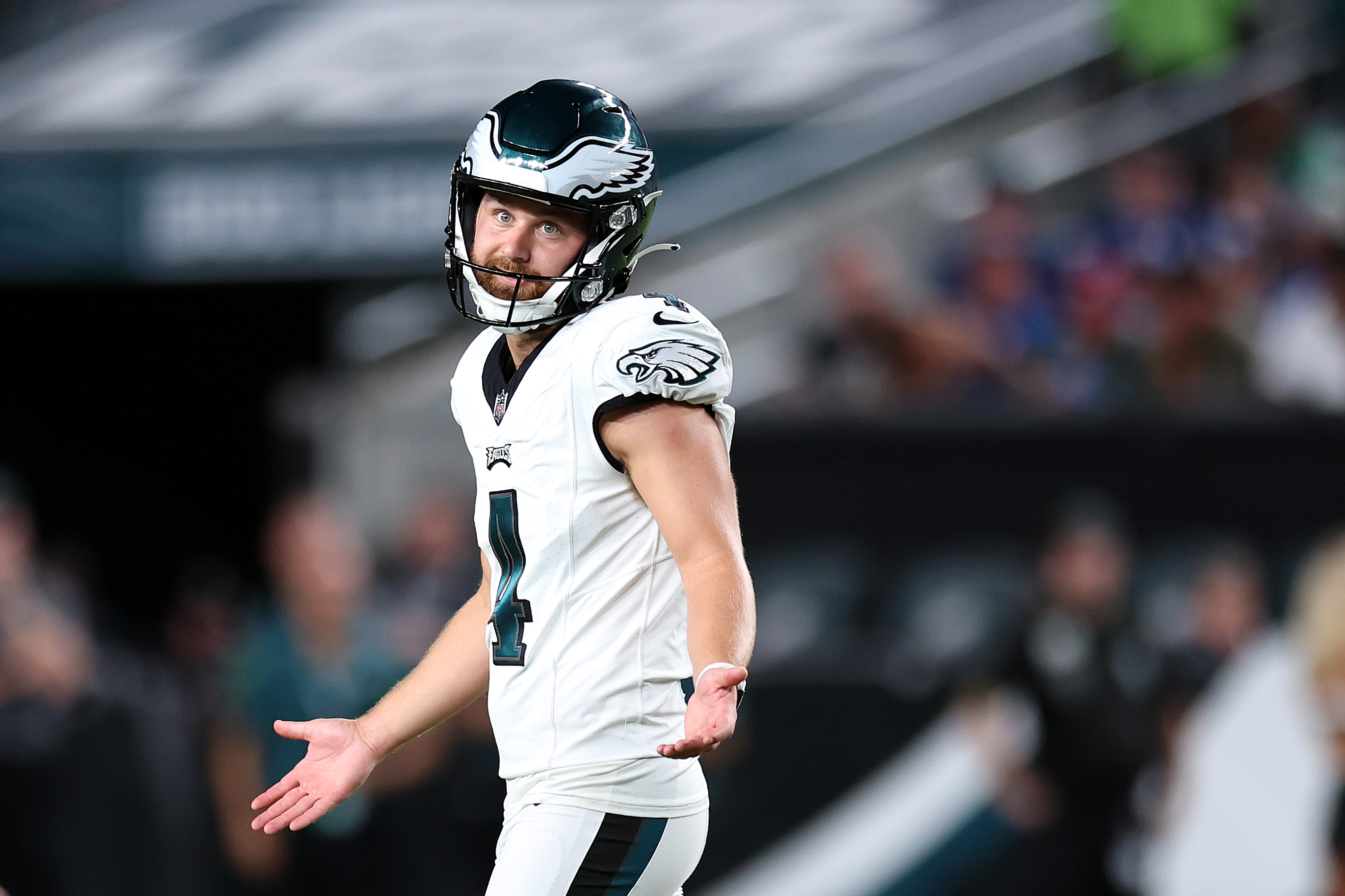 Jake Elliott #4 of the Philadelphia Eagles reacts after making a field goal during the first quarter against the Indianapolis Colts at Lincoln Financial Field on August 24, 2023 in Philadelphia, Pennsylvania.