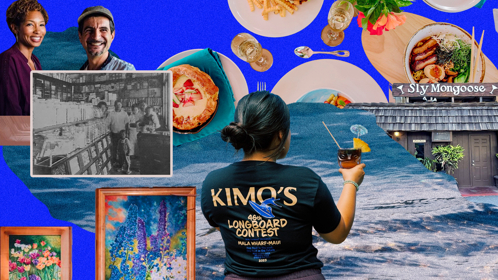 A collage of food, the ocean, the Sly Mongoose restaurant, a vintage photograph and people 