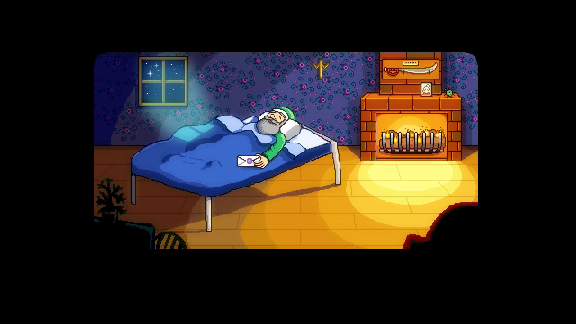 Pixel art of the grandpa in Stardew Valley laying in bed. The bed looks like a table and one of the legs is crooked. 