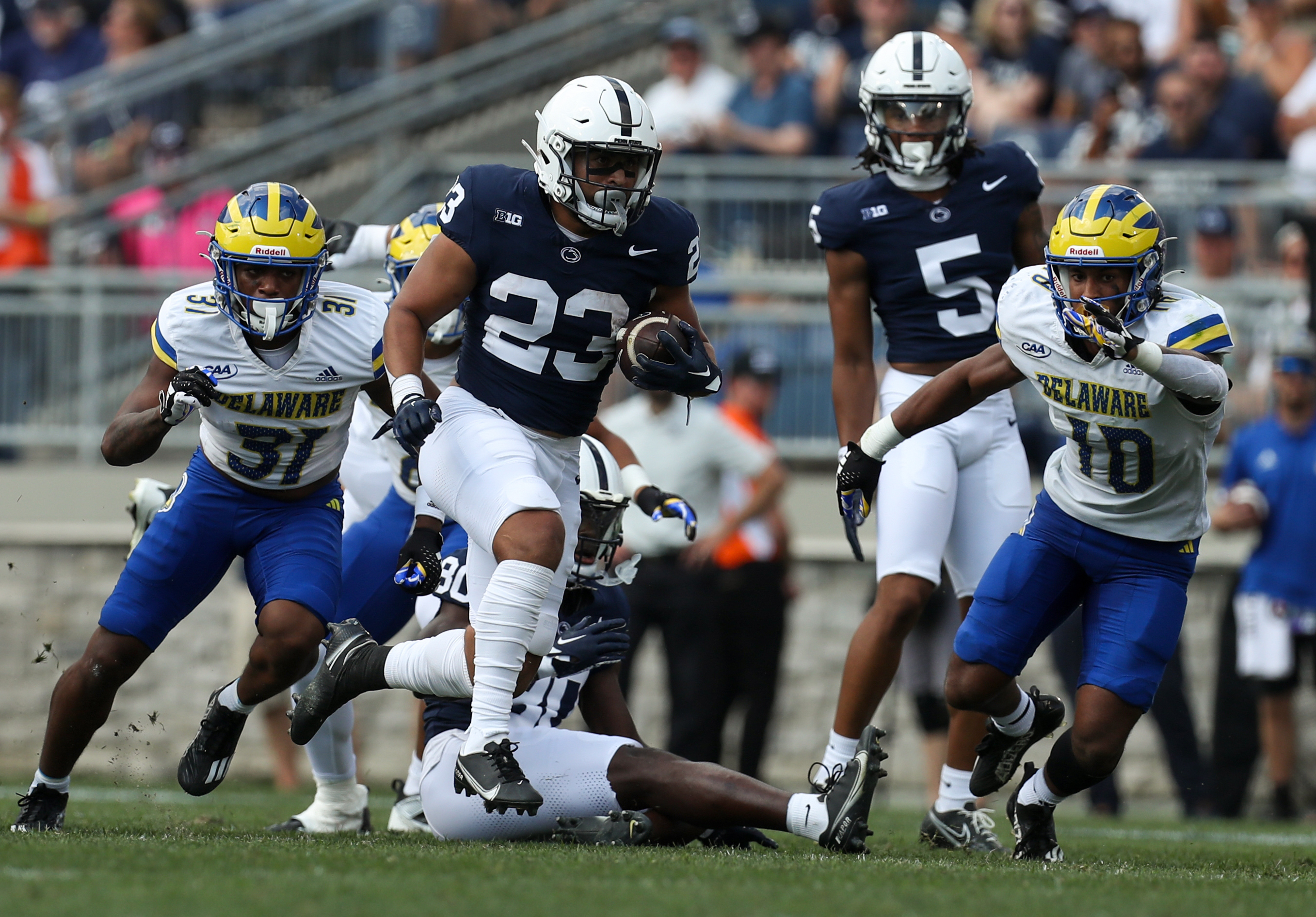 Penn State Nittany Lions running back Trey Potts (23) runs with the ball during the fourth quarter against the Delaware Fightin’ Blue Hens at Beaver Stadium.
