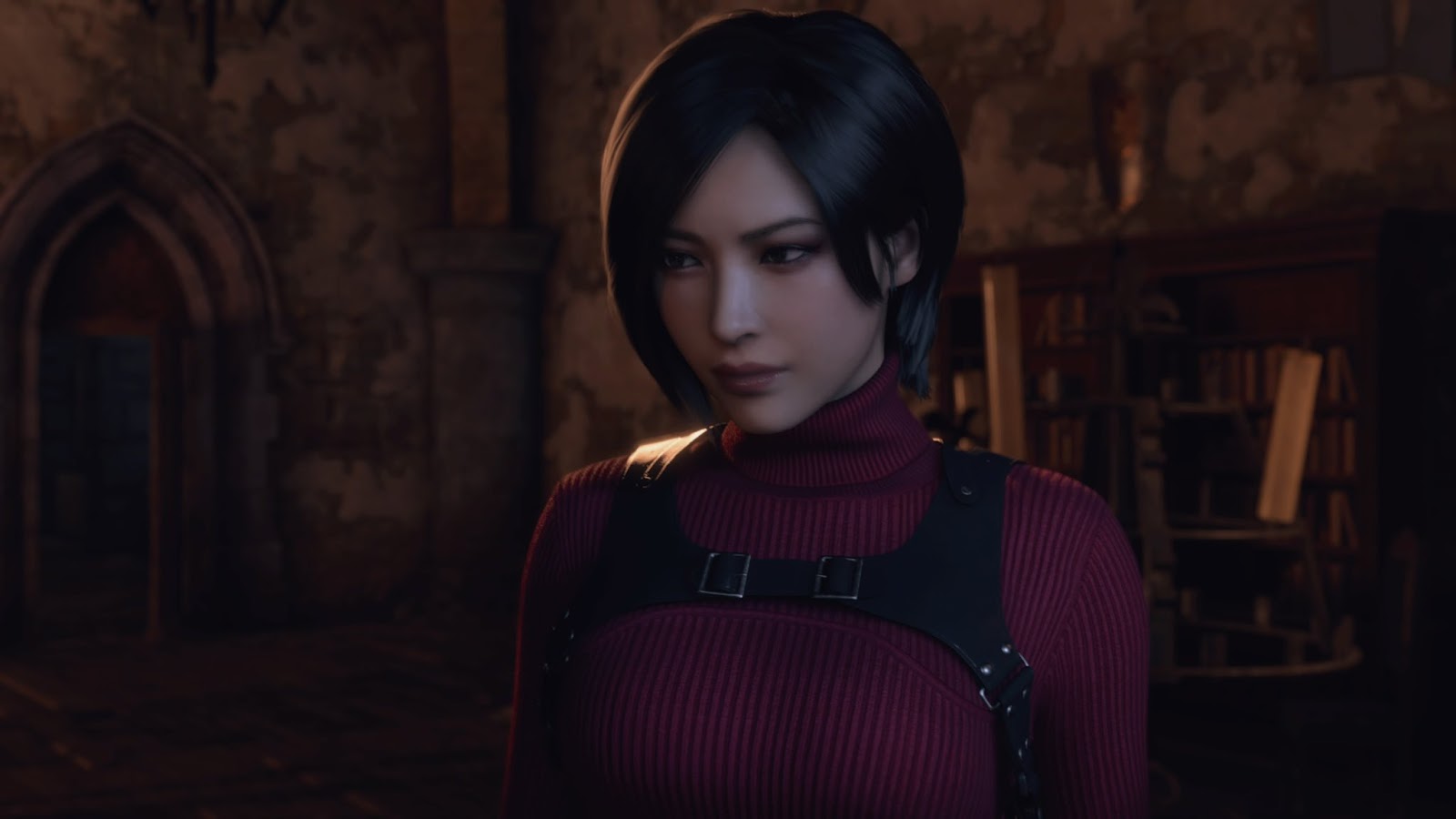 An up-close screenshot of Ada Wong’s face in Capcom’s Resident Evil 4 remake.