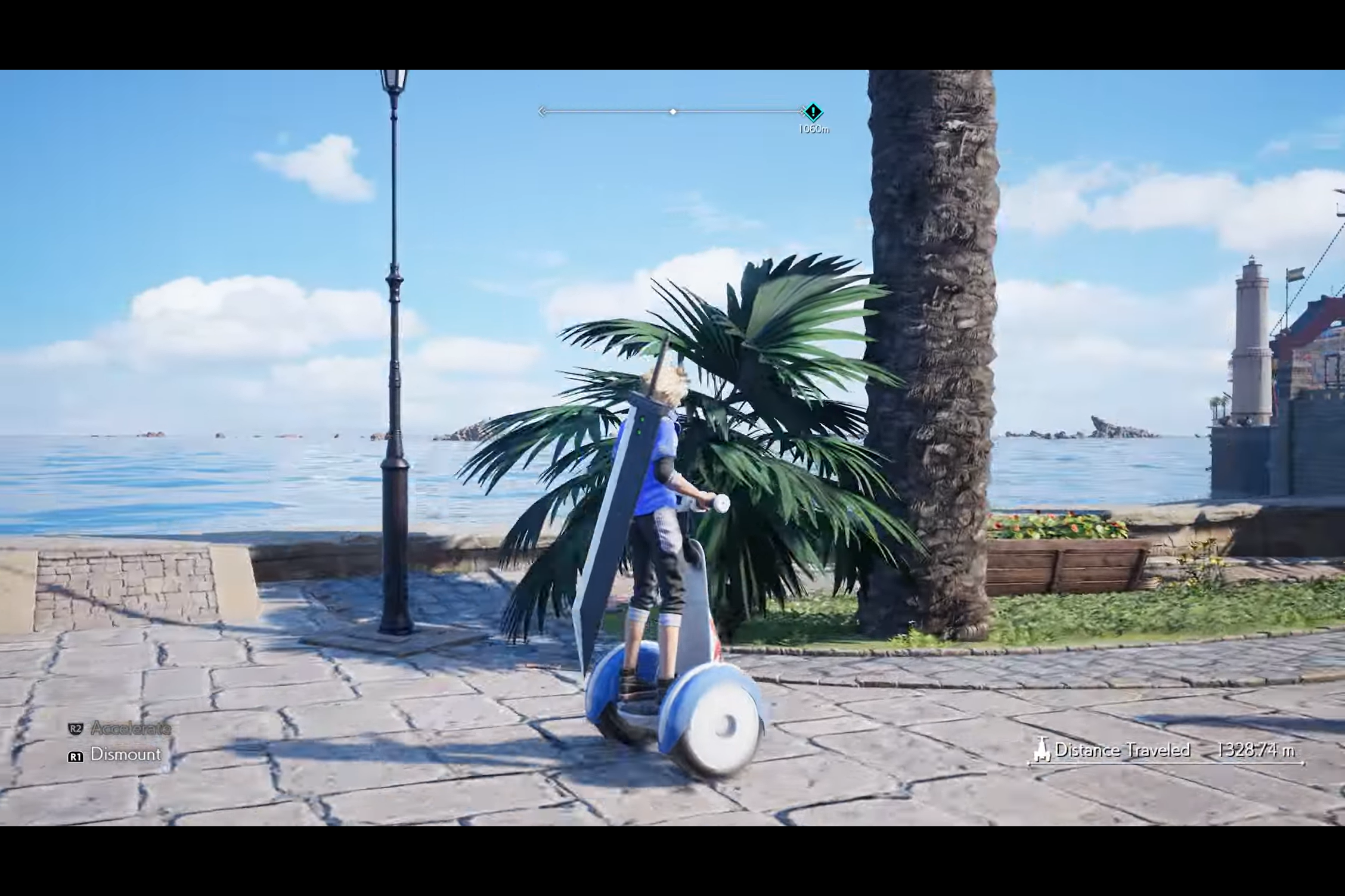 Cloud Strife riding a Segway near the water