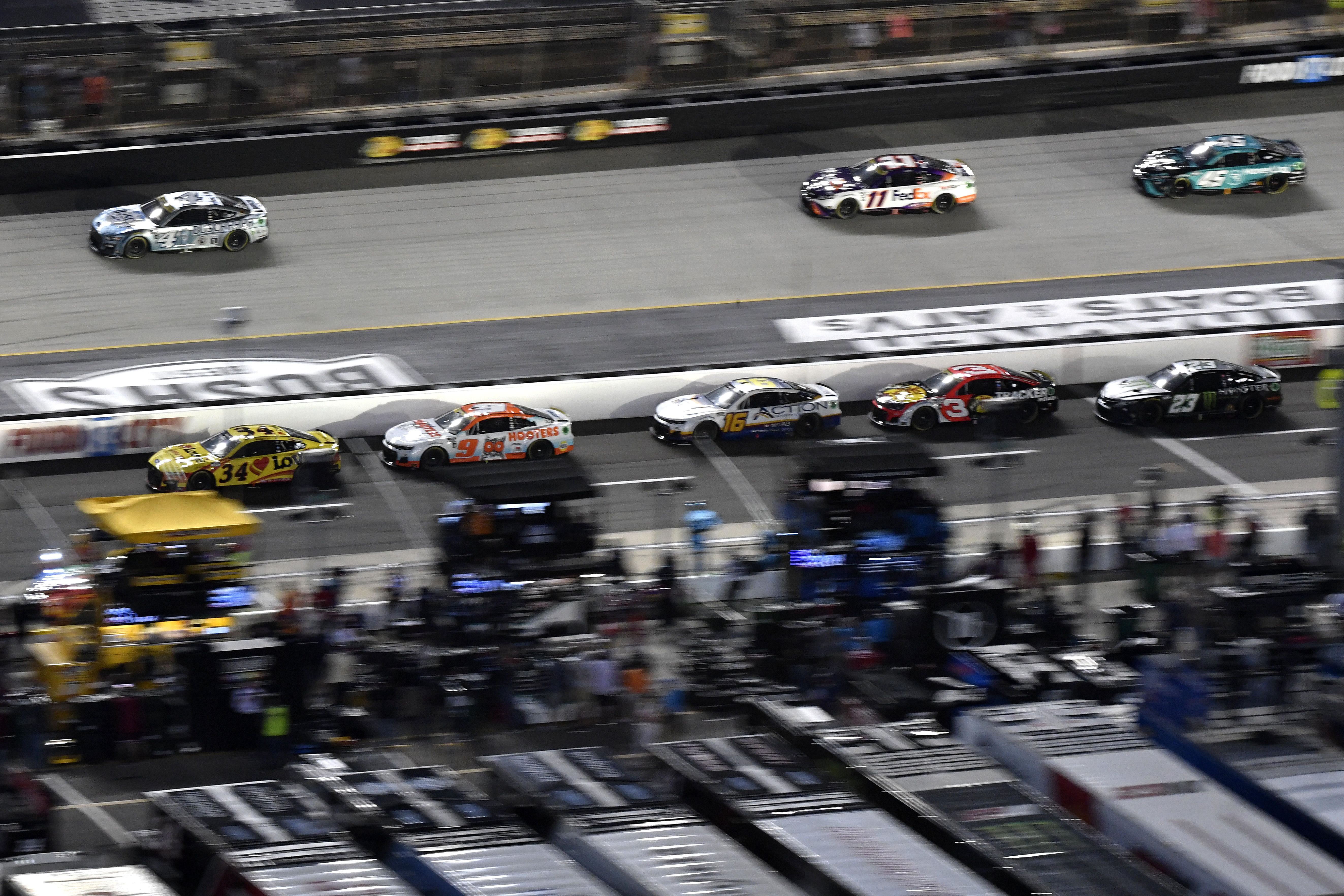 A general view of pit road during the NASCAR Cup Series Bass Pro Shops Night Race at Bristol Motor Speedway on September 17, 2022 in Bristol, Tennessee.