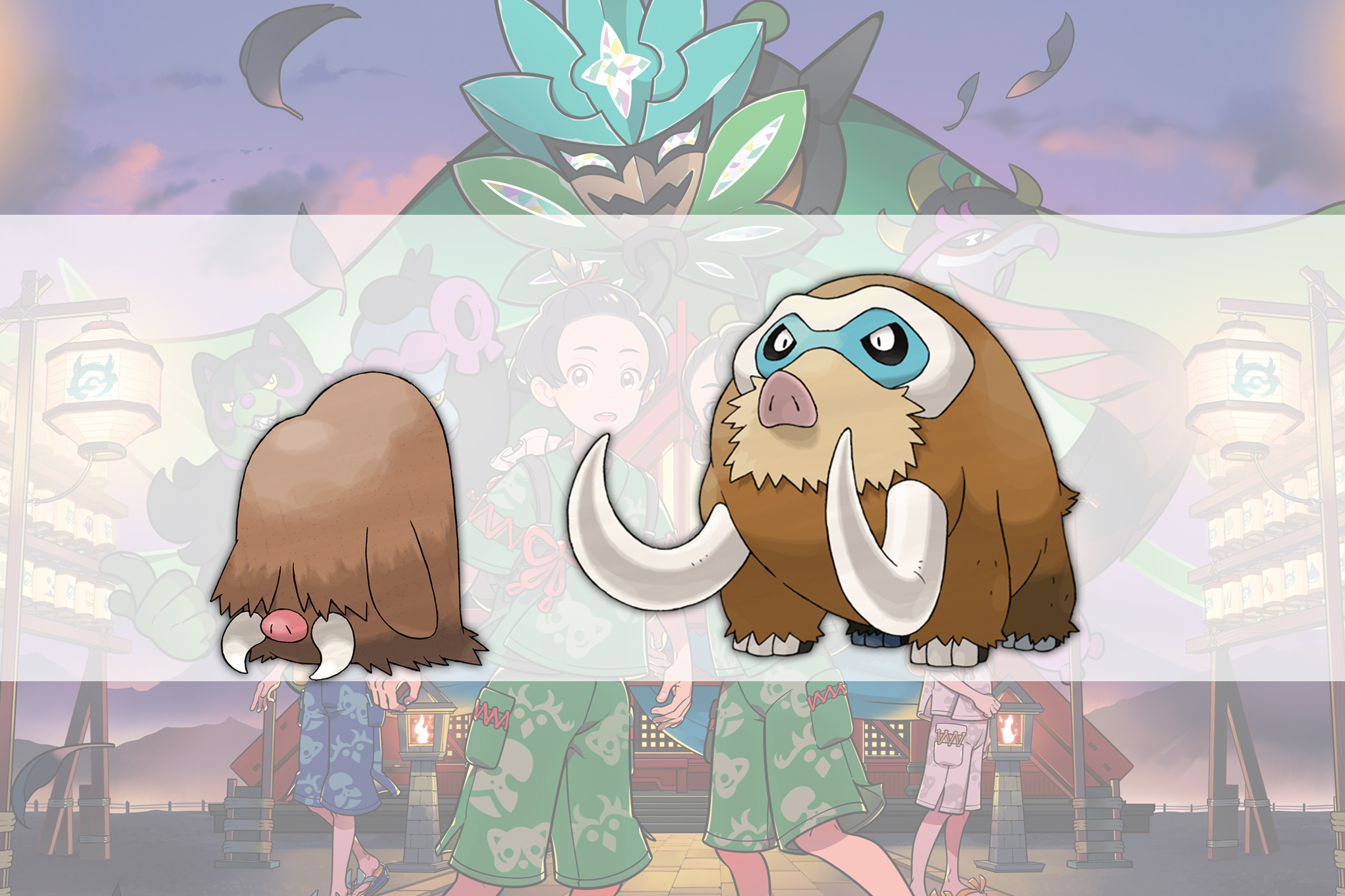 Piloswine and Mamoswine over the key art for The Teal Mask