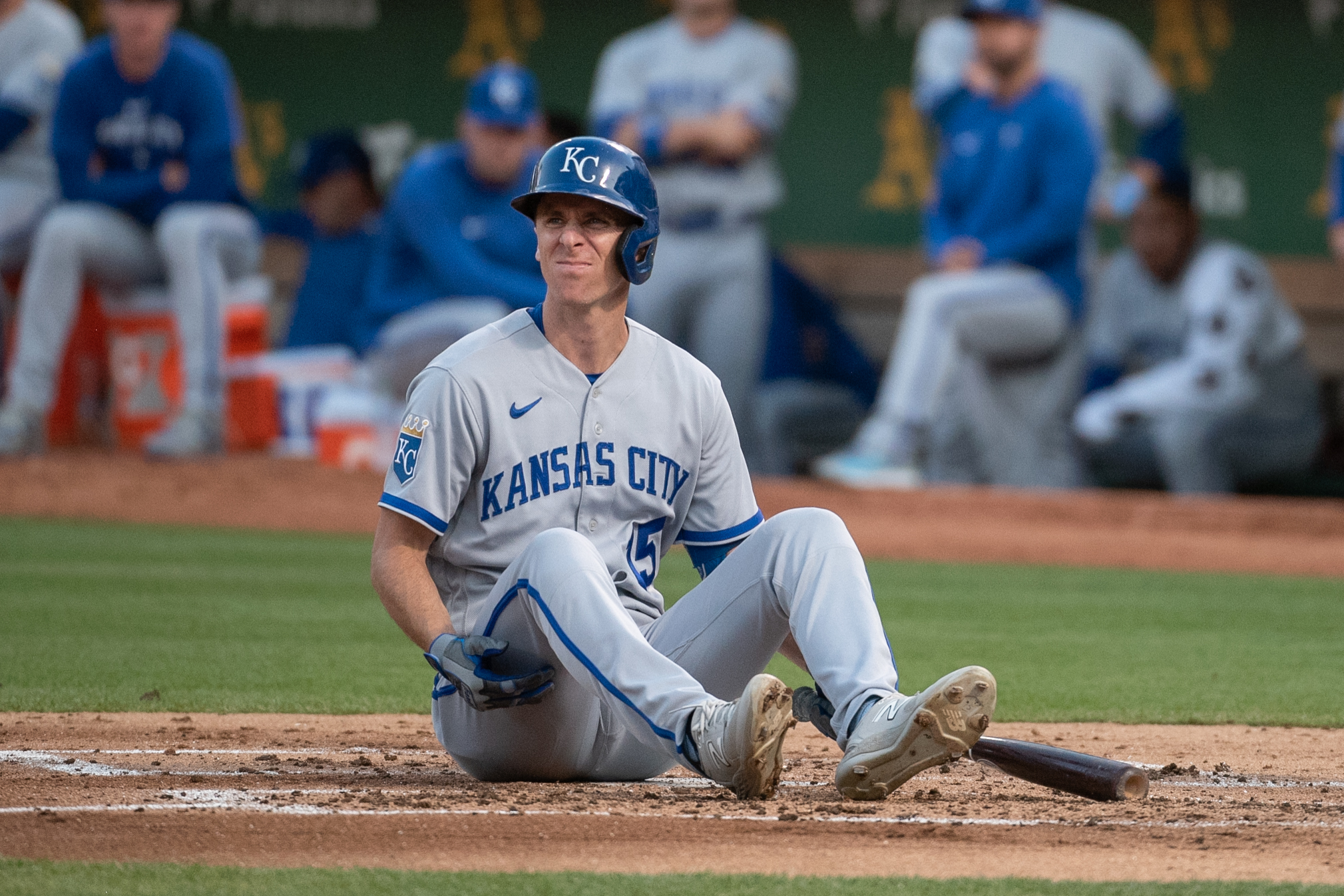 Kansas City Royals first baseman Matt Duffy (15) sits down at home plate after avoiding a pitch during the second inningagainst the Oakland Athletics at Oakland-Alameda County Coliseum. 