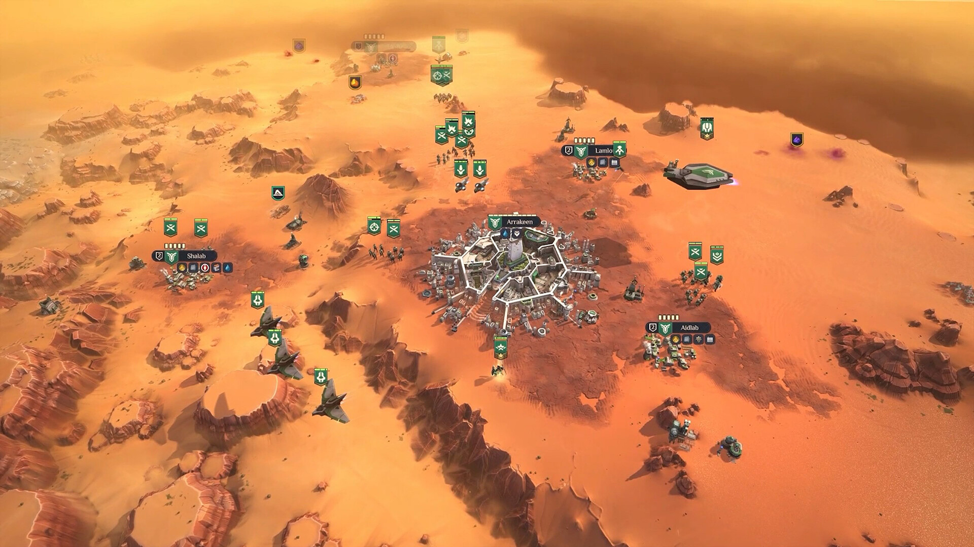 A screenshot of a late game Atreides base in Dune: Spice Wars
