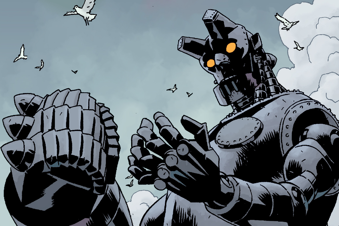 Giant Robot Hellboy looks at his hands as if to say “Son of a... They turned me into a giant robot!” in Giant Robot Hellboy #1.