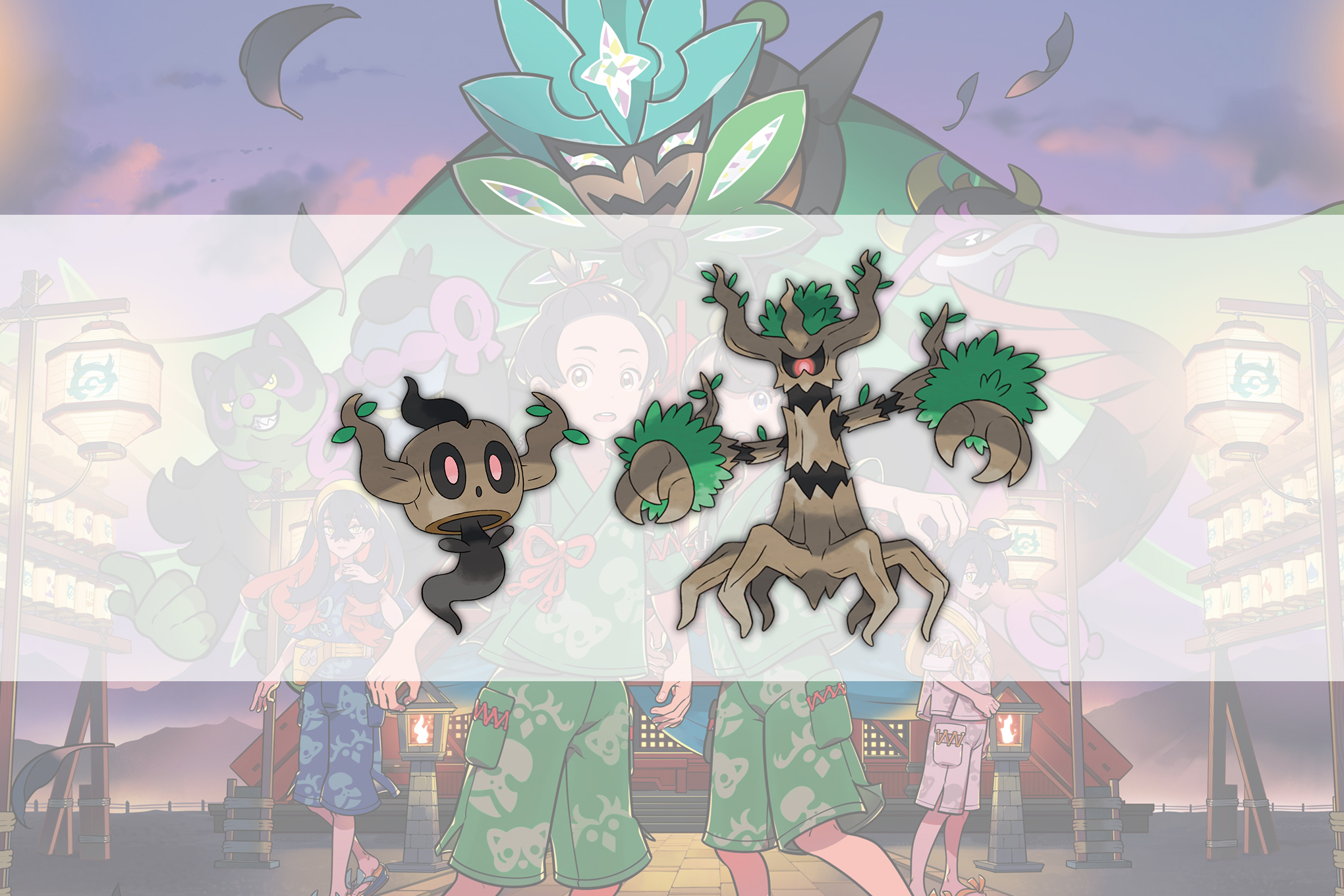Phantump and Trevenant over the key art for The Teal Mask
