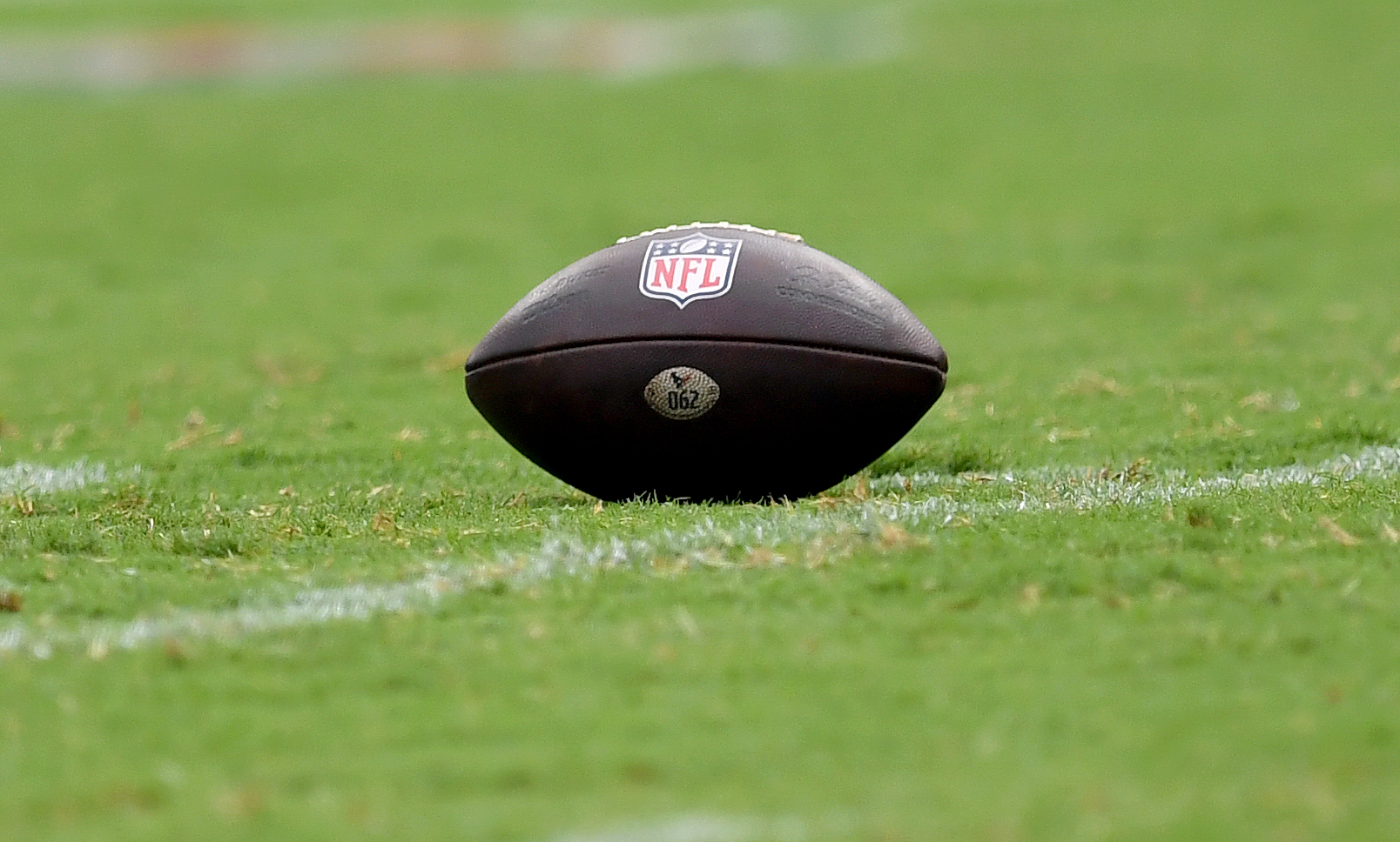 A close up view of an official leather Wilson NFL game ball with NFL logo on a natural turf grass field during the Houston Texans versus Baltimore Ravens NFL game at M&amp;T Bank Stadium on September 10, 2023 in Baltimore, MD.  