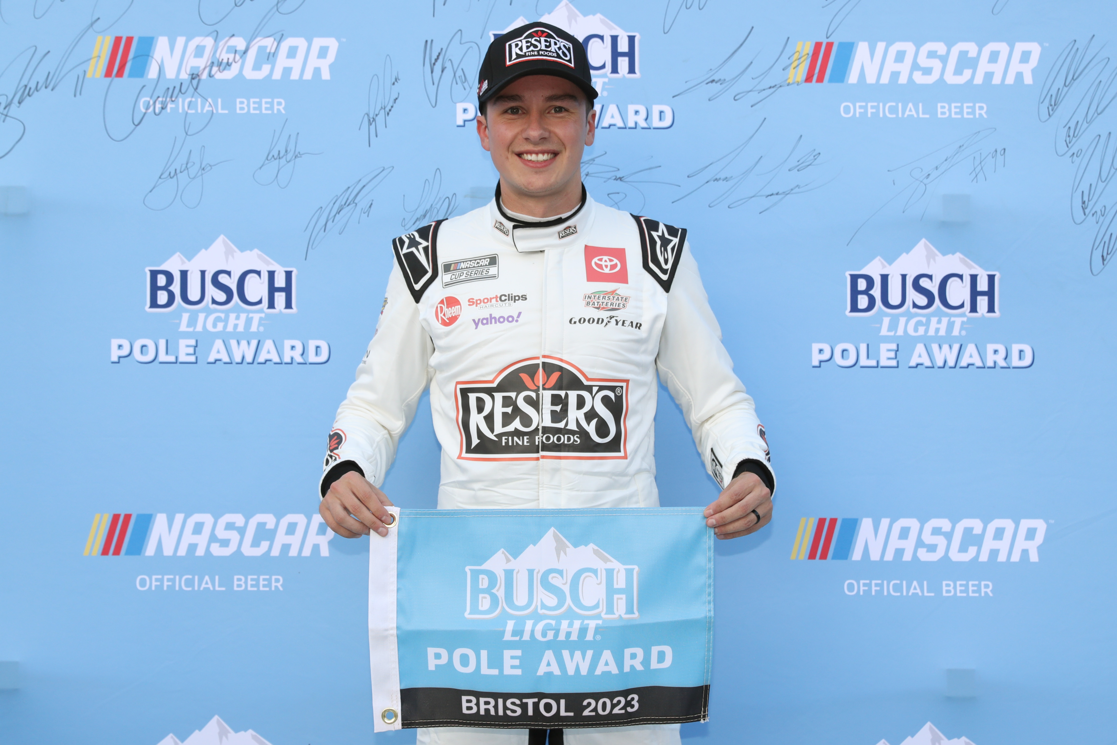 Christopher Bell, driver of the #20 Reser’s Fine Foods Toyota, poses for photos after winning the pole award during qualifying for the NASCAR Cup Series Bass Pro Shops Night Race at Bristol Motor Speedway on September 15, 2023 in Bristol, Tennessee.