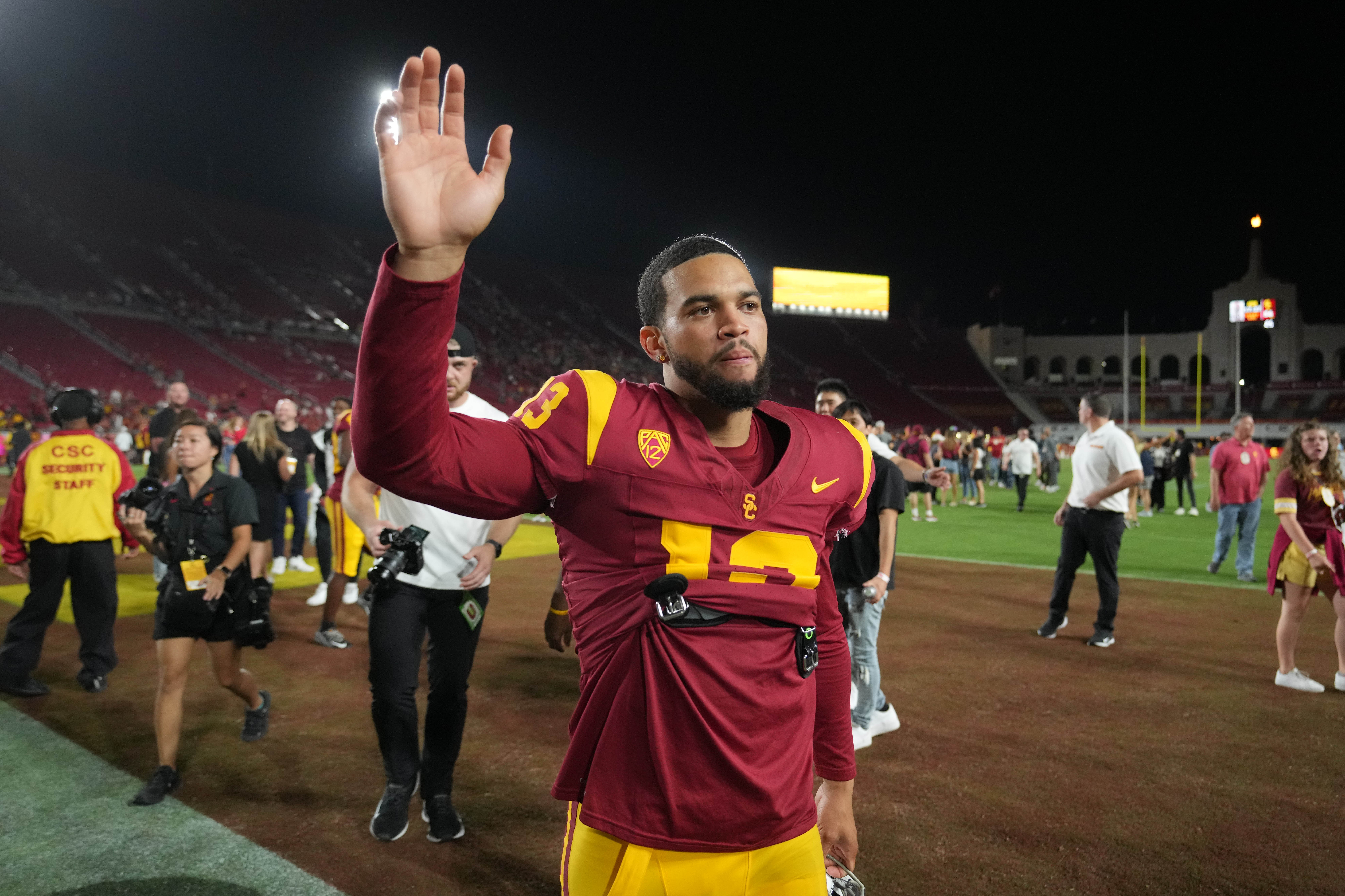 Southern California Trojans quarterback Caleb Williams gestures after the game against the Stanford Cardinal at United Airlines Field at Los Angeles Memorial Coliseum.