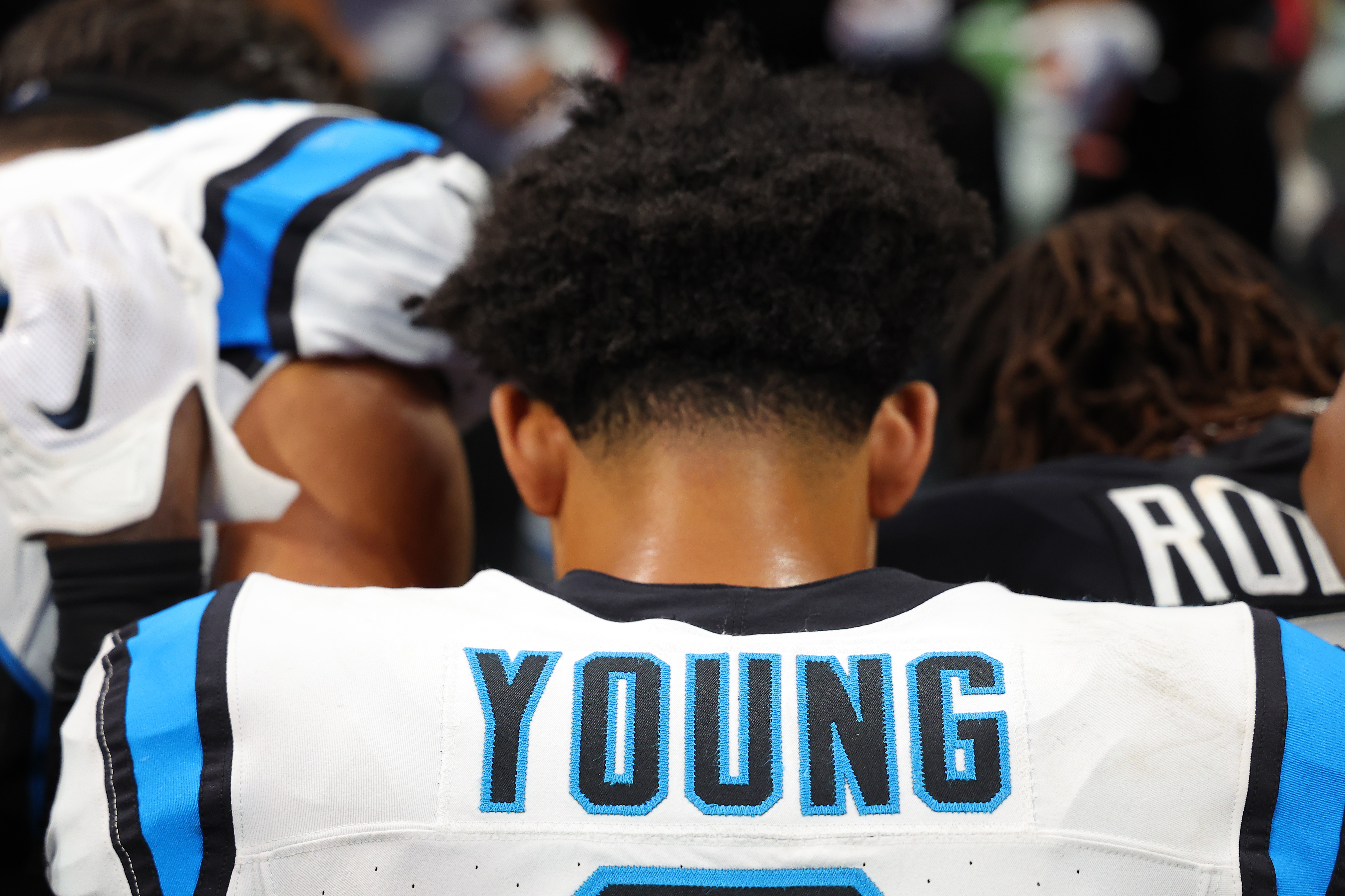 Bryce Young #9 of the Carolina Panthers prays after his team’s 24-10 loss to the Atlanta Falcons at Mercedes-Benz Stadium on September 10, 2023 in Atlanta, Georgia.
