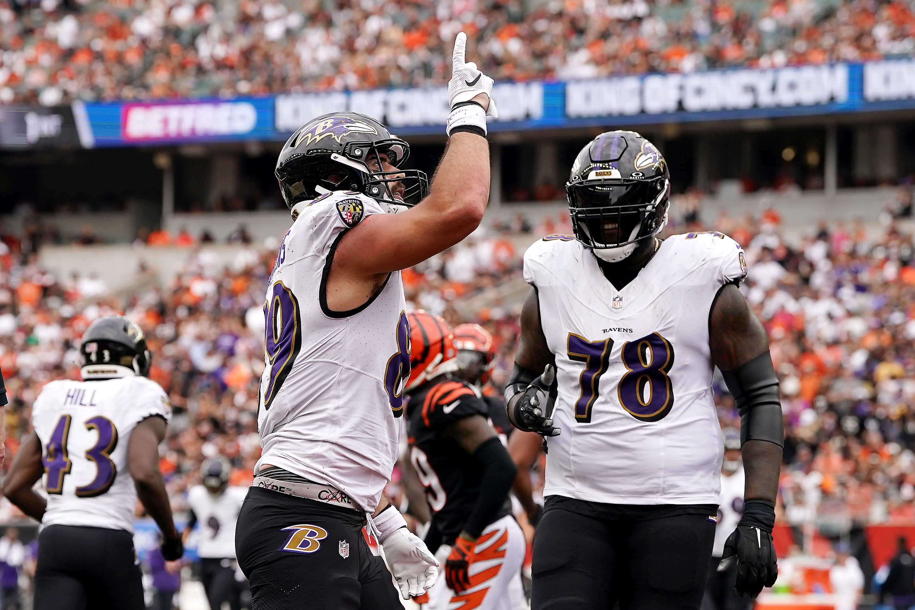 Mark Andrews #89 of the Baltimore Ravens celebrates a touchdown during the third quarter in the game against the Cincinnati Bengals at Paycor Stadium on September 17, 2023 in Cincinnati, Ohio.
