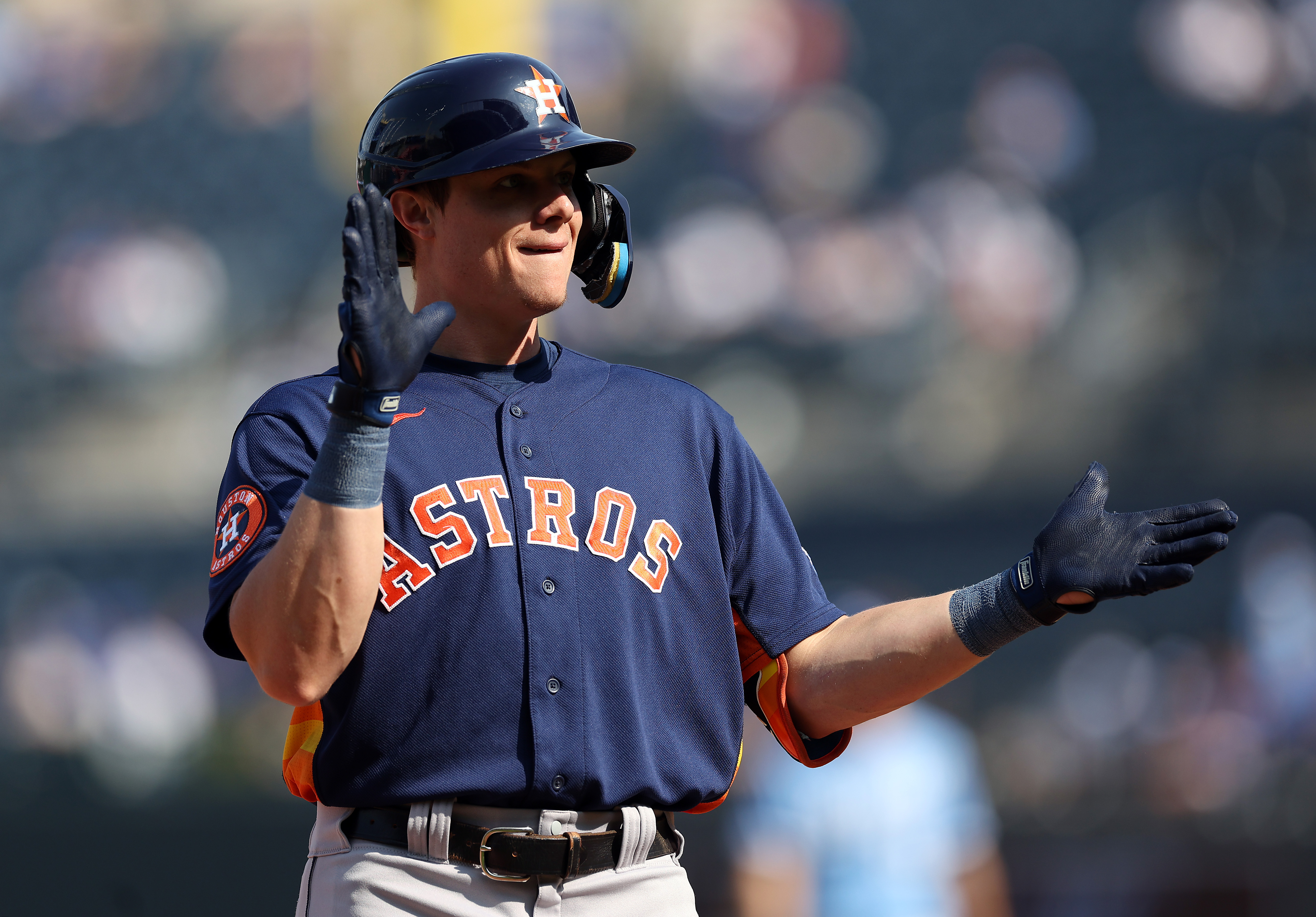 Jake Meyers of the Houston Astros reacts after hitting a triple during the 9th inning of the game against the Kansas City Royals at Kauffman Stadium on September 17, 2023 in Kansas City, Missouri.