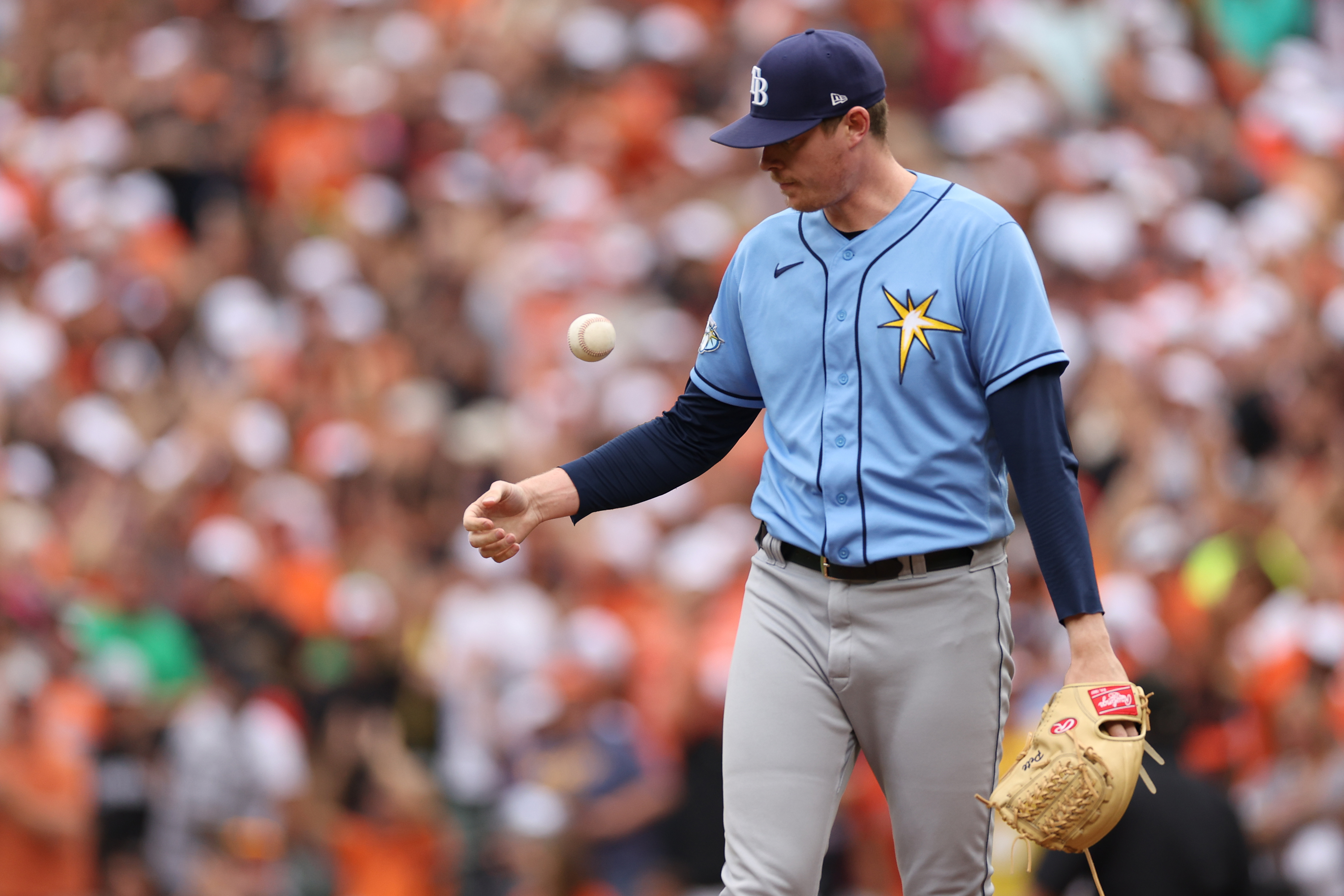 Pitcher Pete Fairbanks of the Tampa Bay Rays reacts during the ninth inning against the Baltimore Orioles at Oriole Park at Camden Yards on September 17, 2023 in Baltimore, Maryland.