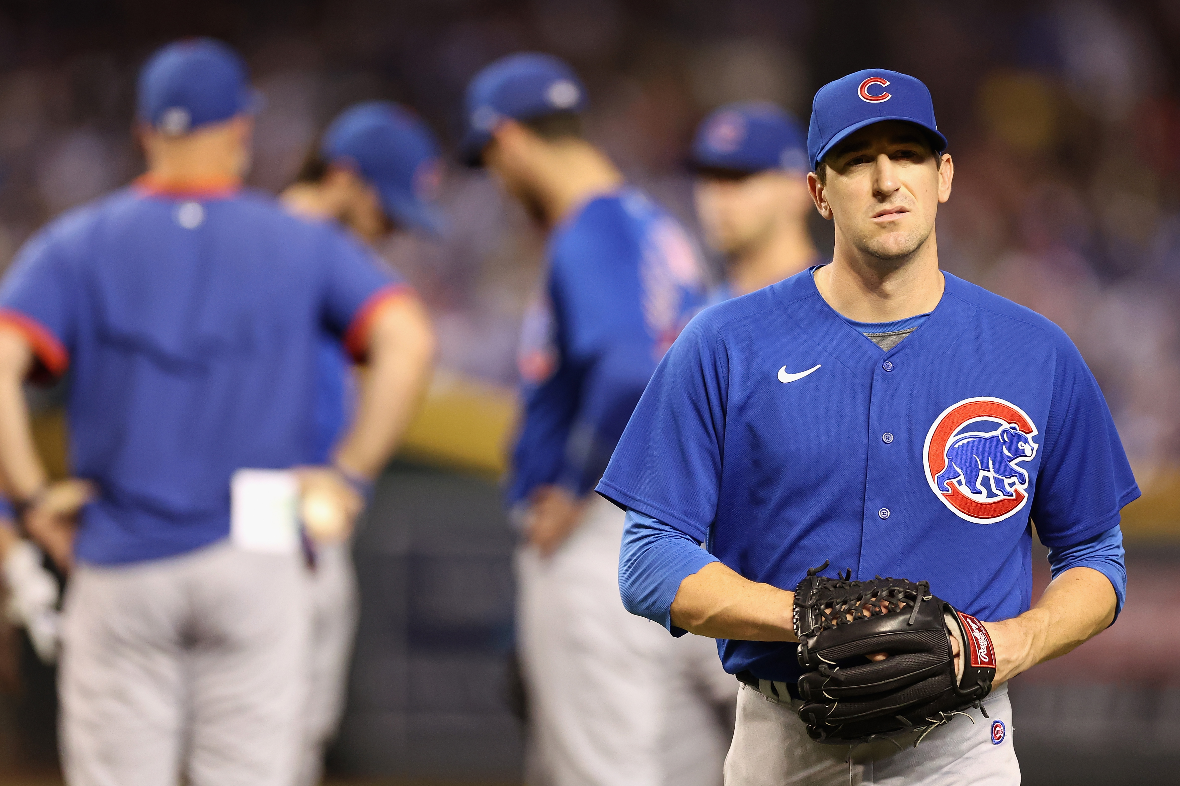 Starting pitcher Kyle Hendricks of the Chicago Cubs is removed during the seventh inning of the MLB game against the Arizona Diamondbacks at Chase Field on September 16, 2023 in Phoenix, Arizona.