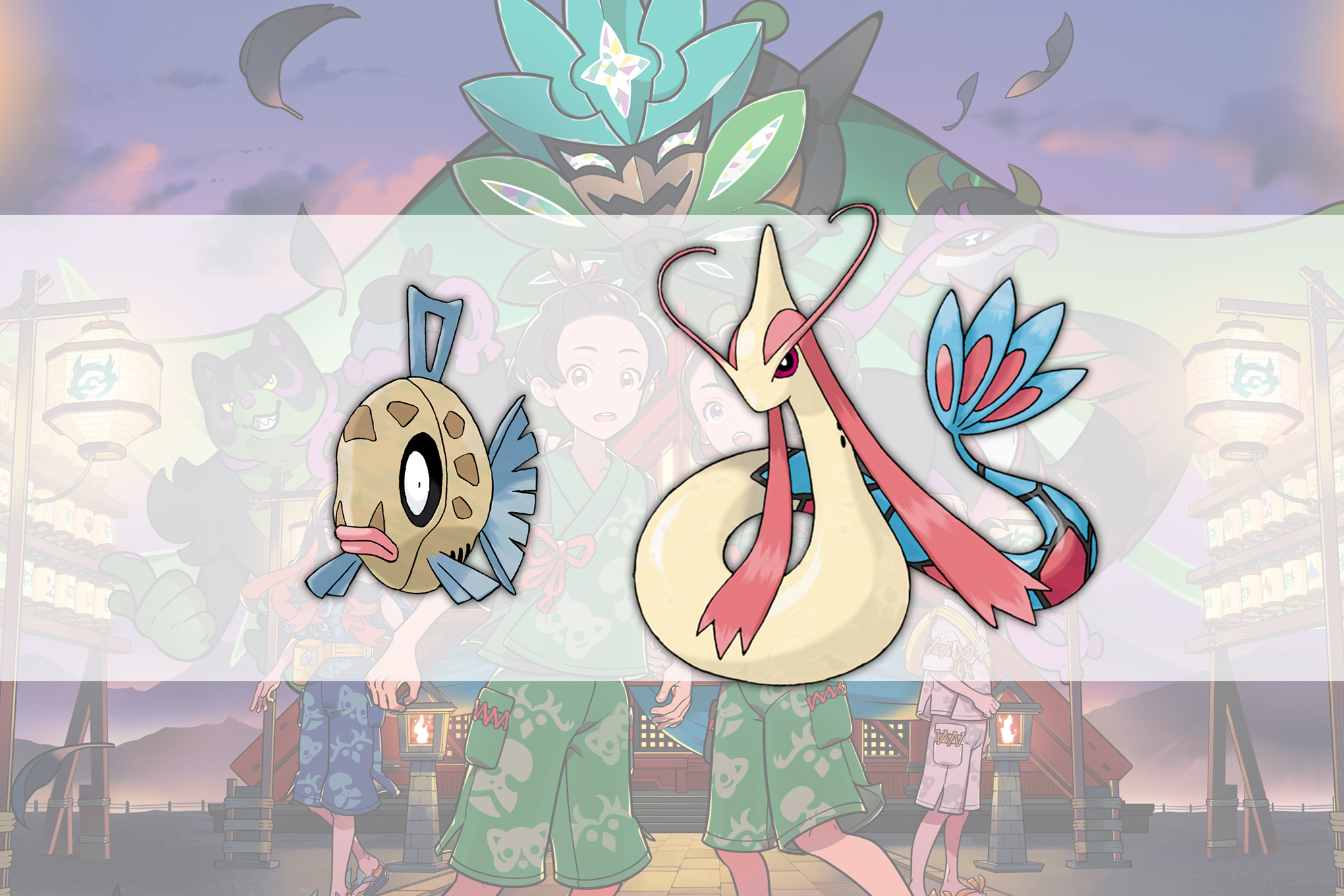 Feebas and Milotic from Pokémon overlayed over the key art from The Teal Mask DLC